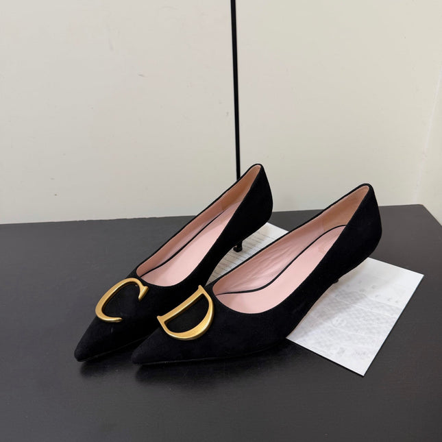DIOR 26S POINTED-TOE HIGH HEELS 35MM IN BLACK SUEDE GOLD HARDWARE