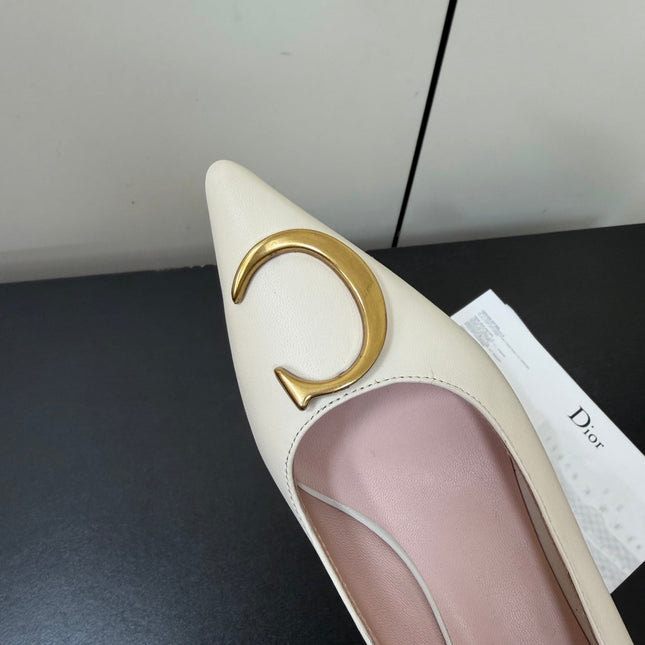 DIOR 26S POINTED-TOE HIGH HEELS 35MM IN CREAM WHITE CALFSKIN GOLD HARDWARE