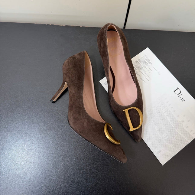 DIOR 26S POINTED-TOE HIGH HEELS 70MM IN DARK BROWN SUEDE GOLD HARDWARE