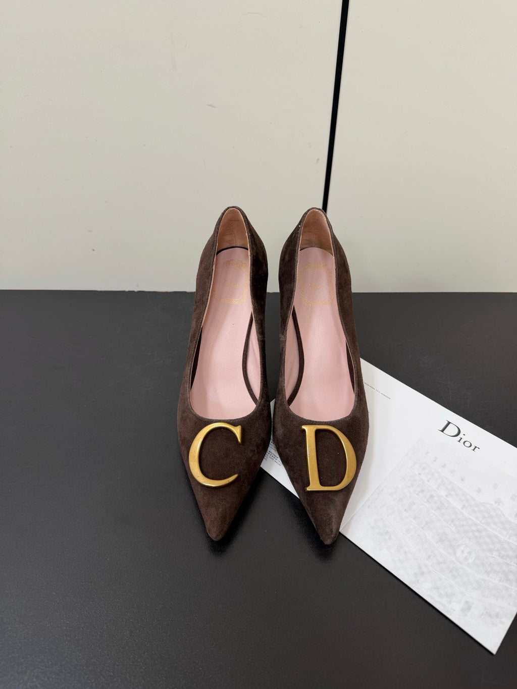 DIOR 26S POINTED-TOE HIGH HEELS 70MM IN DARK BROWN SUEDE GOLD HARDWARE