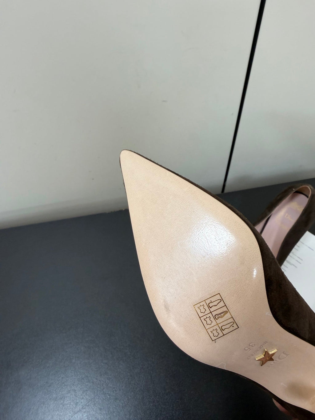 DIOR 26S POINTED-TOE HIGH HEELS 70MM IN DARK BROWN SUEDE GOLD HARDWARE
