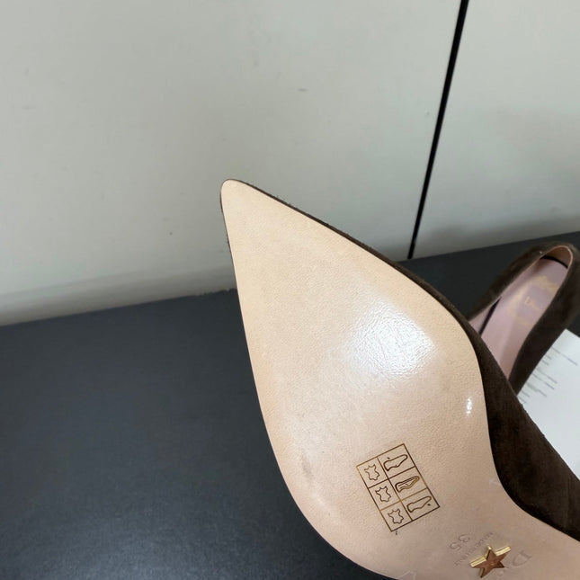DIOR 26S POINTED-TOE HIGH HEELS 70MM IN DARK BROWN SUEDE GOLD HARDWARE