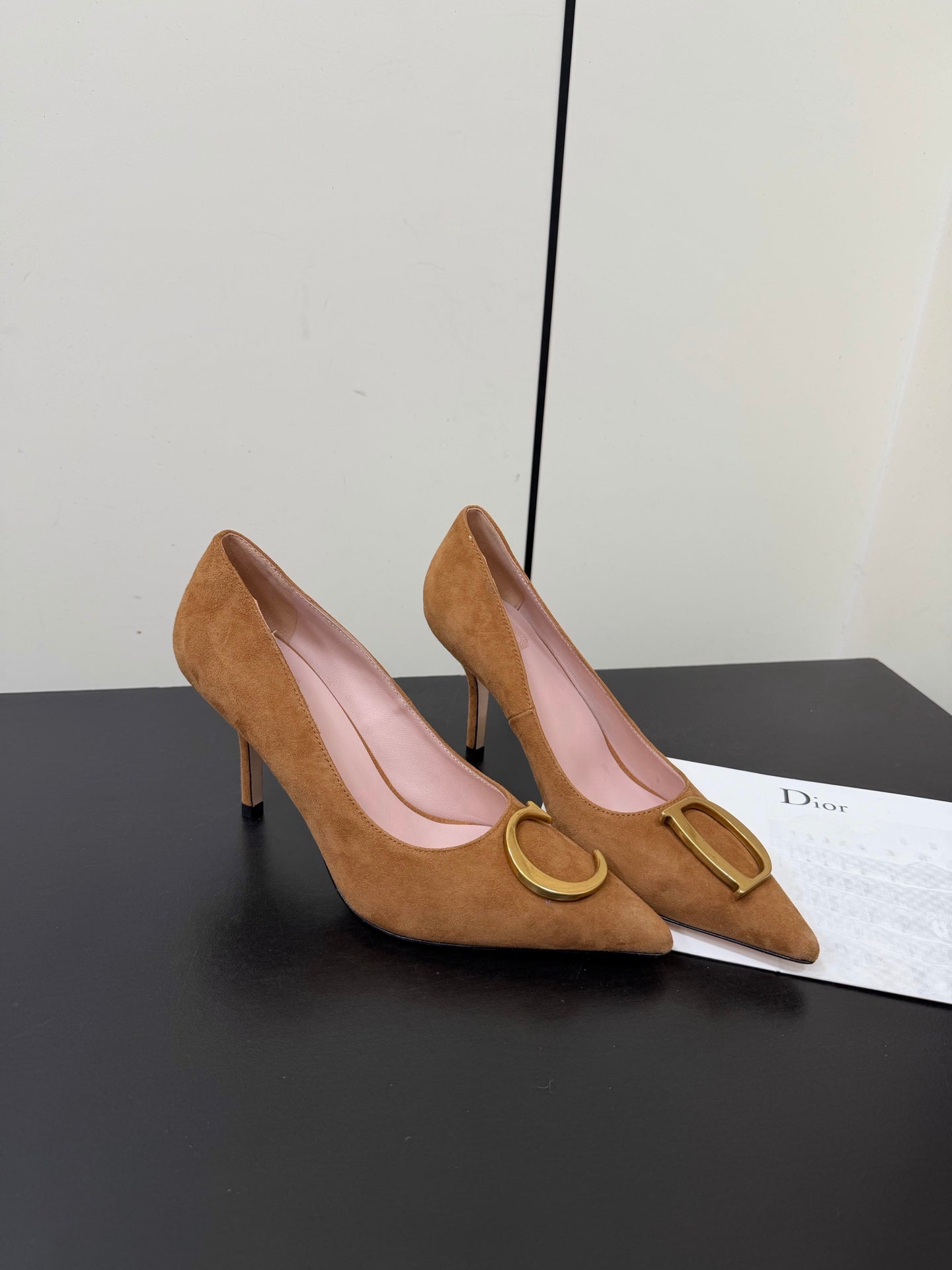 DIOR 26S POINTED-TOE HIGH HEELS 70MM IN TAN BROWN SUEDE GOLD HARDWARE