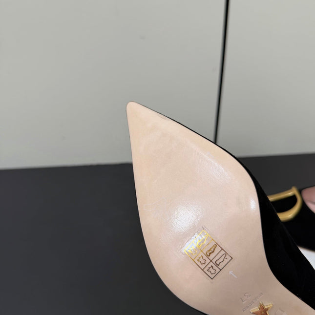 DIOR 26S POINTED-TOE HIGH HEELS 70MM IN BLACK SUEDE GOLD HARDWARE