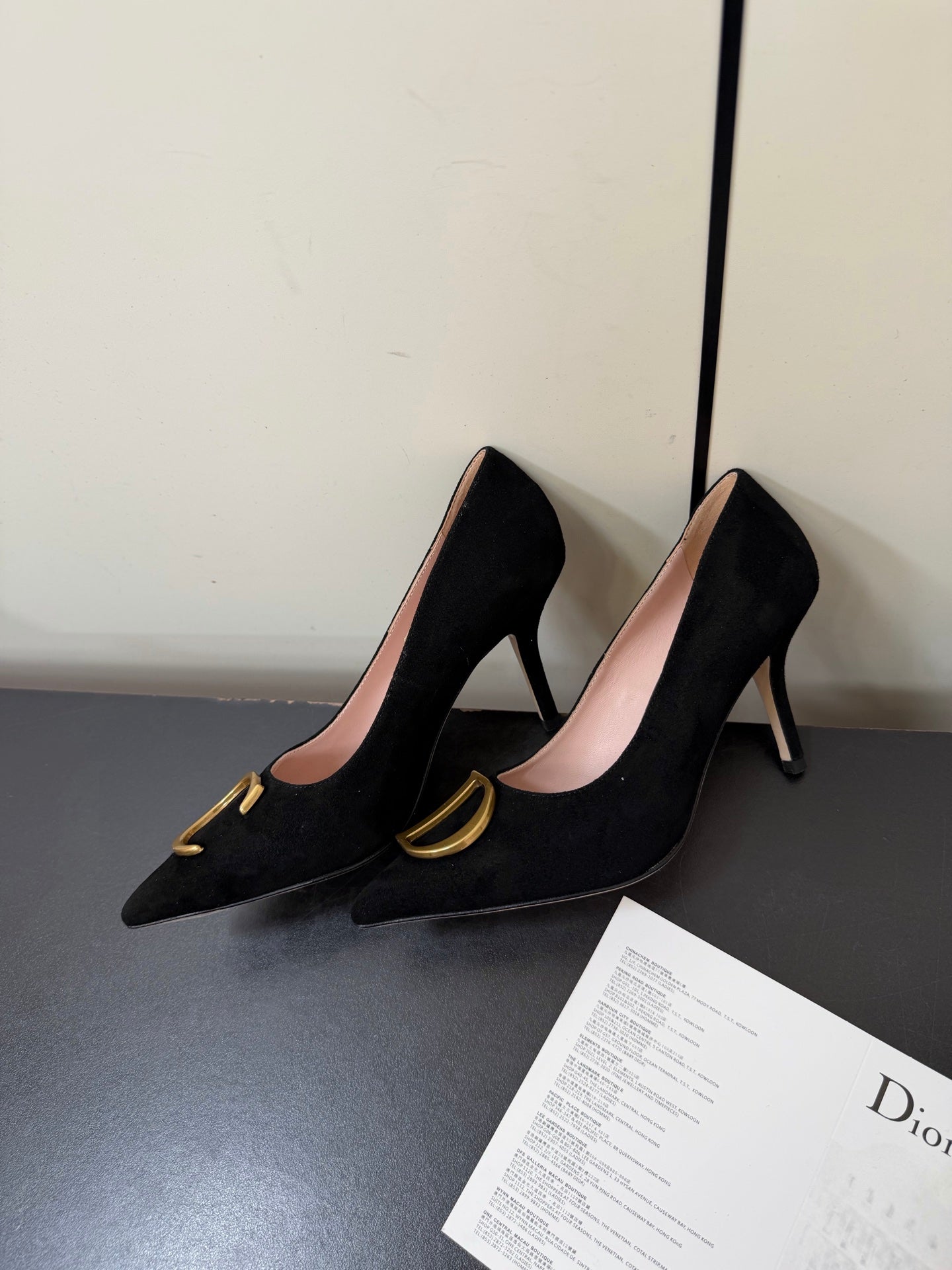 DIOR 26S POINTED-TOE HIGH HEELS 70MM IN BLACK SUEDE GOLD HARDWARE