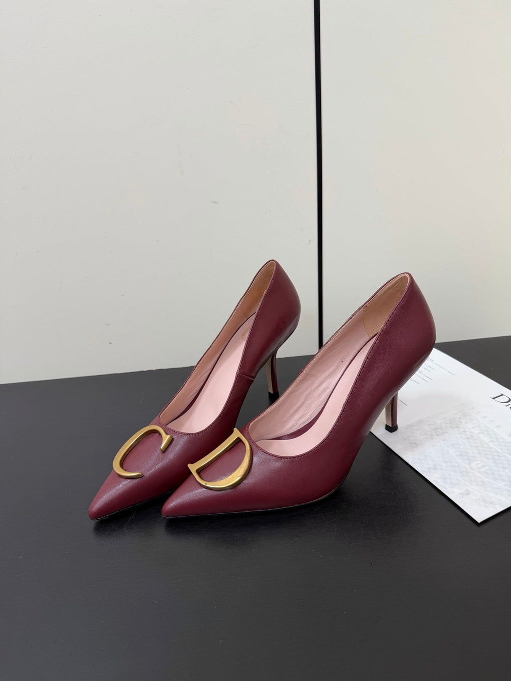 DIOR 26S POINTED-TOE HIGH HEELS 70MM IN DARK RED CALFSKIN GOLD HARDWARE