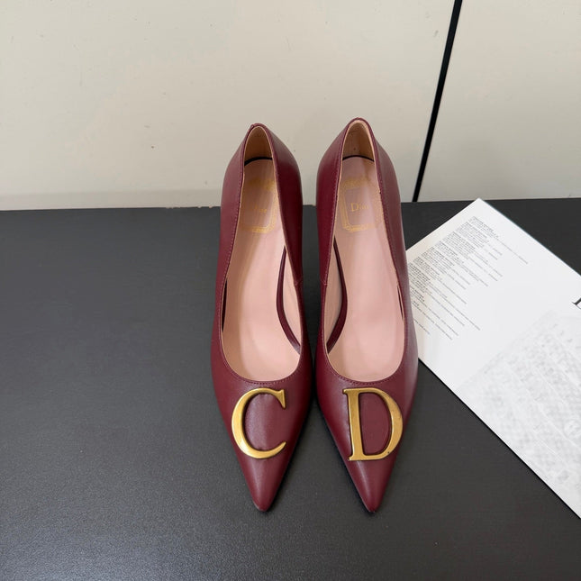 DIOR 26S POINTED-TOE HIGH HEELS 70MM IN DARK RED CALFSKIN GOLD HARDWARE