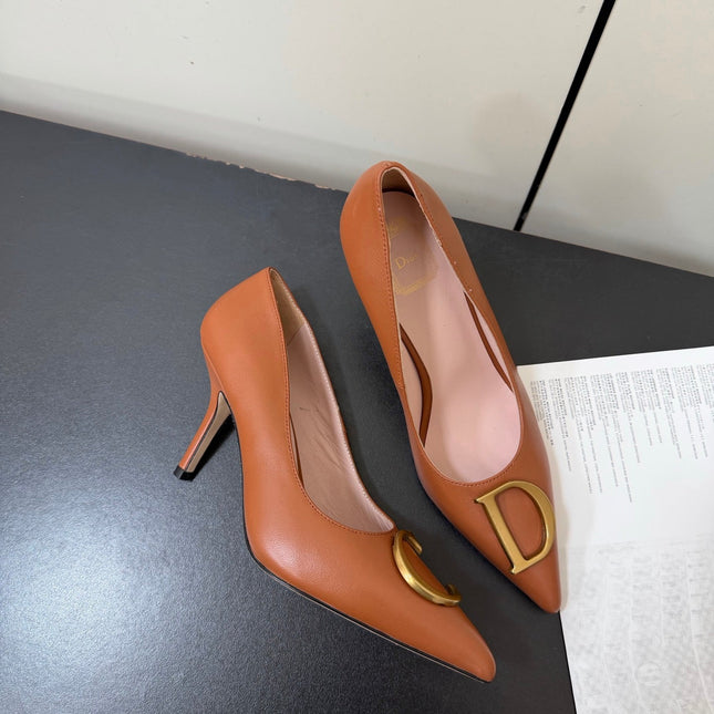 DIOR 26S POINTED-TOE HIGH HEELS 70MM IN RUST BROWN CALFSKIN GOLD HARDWARE