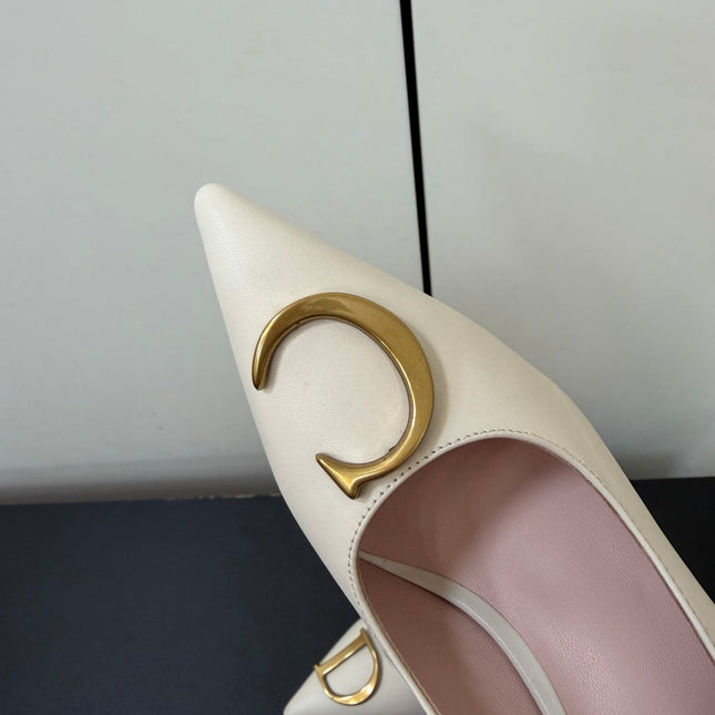 DIOR 26S POINTED-TOE HIGH HEELS 70MM IN CREAM WHITE CALFSKIN GOLD HARDWARE