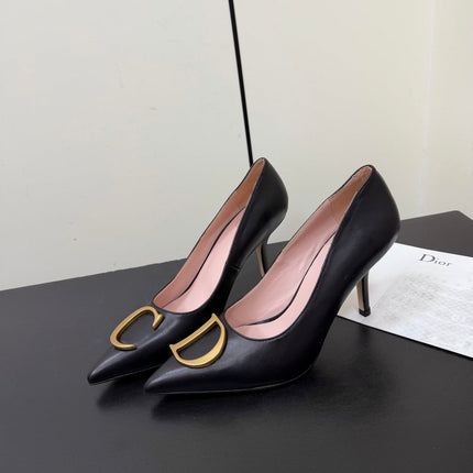 DIOR 26S POINTED-TOE HIGH HEELS 70MM IN BLACK CALFSKIN GOLD HARDWARE