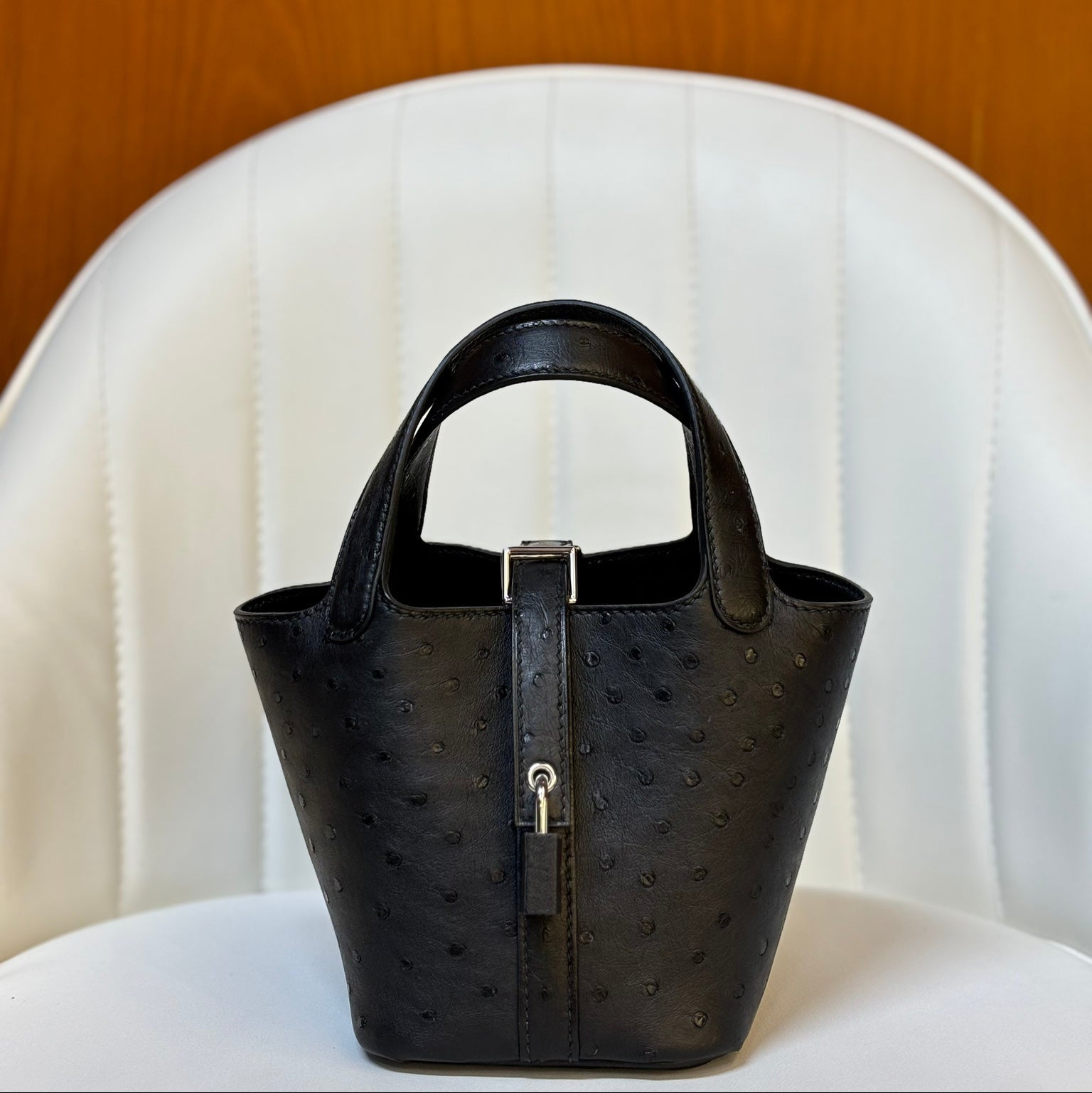 HM 25S PICOTIN LOCK 14 CM IN BLACK OSTRICH WITH SILVER HARDWARE
