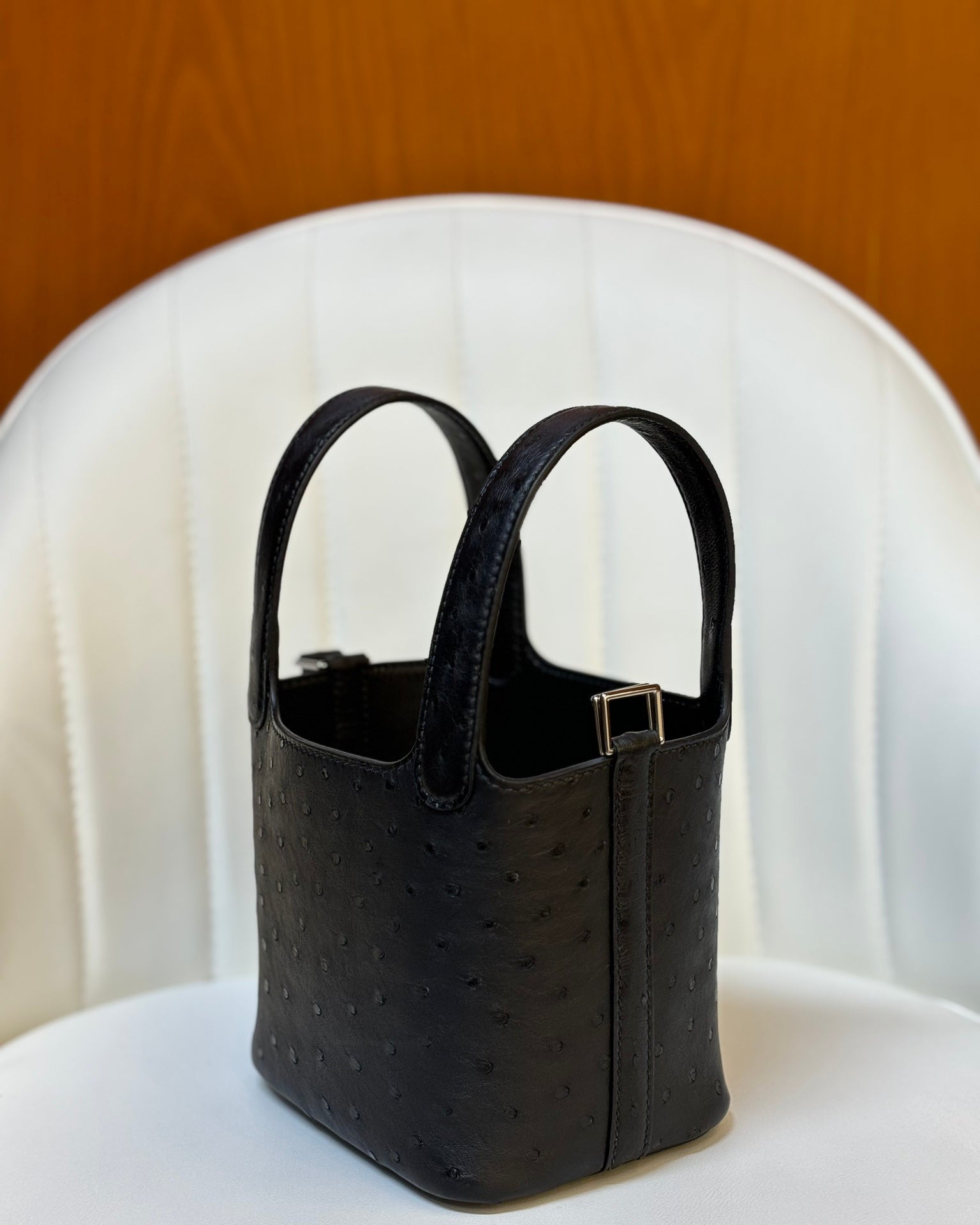 HM 25S PICOTIN LOCK 14 CM IN BLACK OSTRICH WITH SILVER HARDWARE