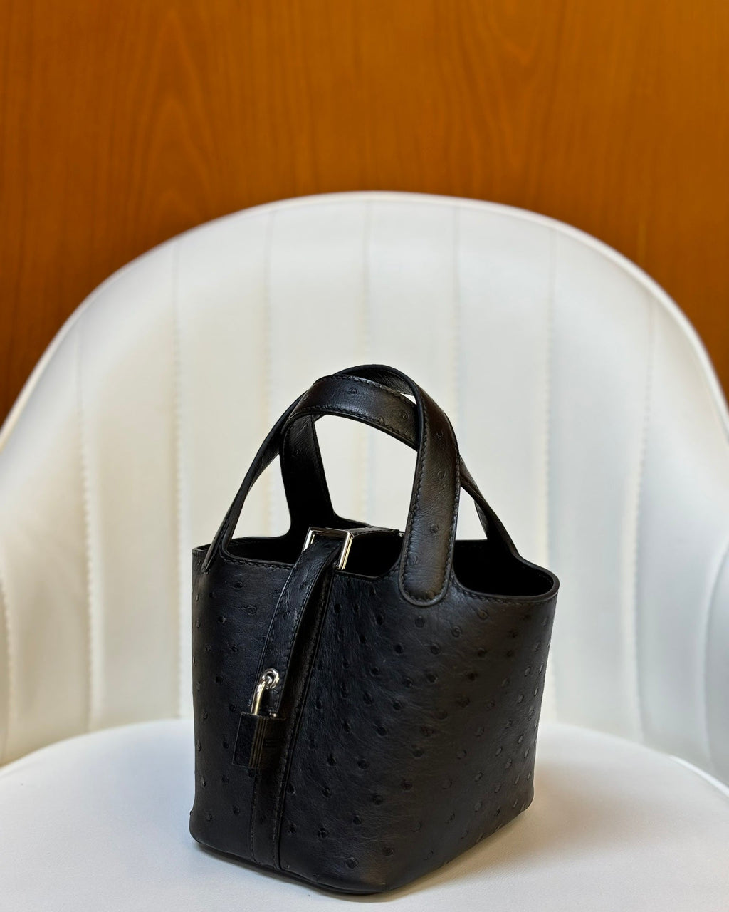 HM 25S PICOTIN LOCK 14 CM IN BLACK OSTRICH WITH SILVER HARDWARE