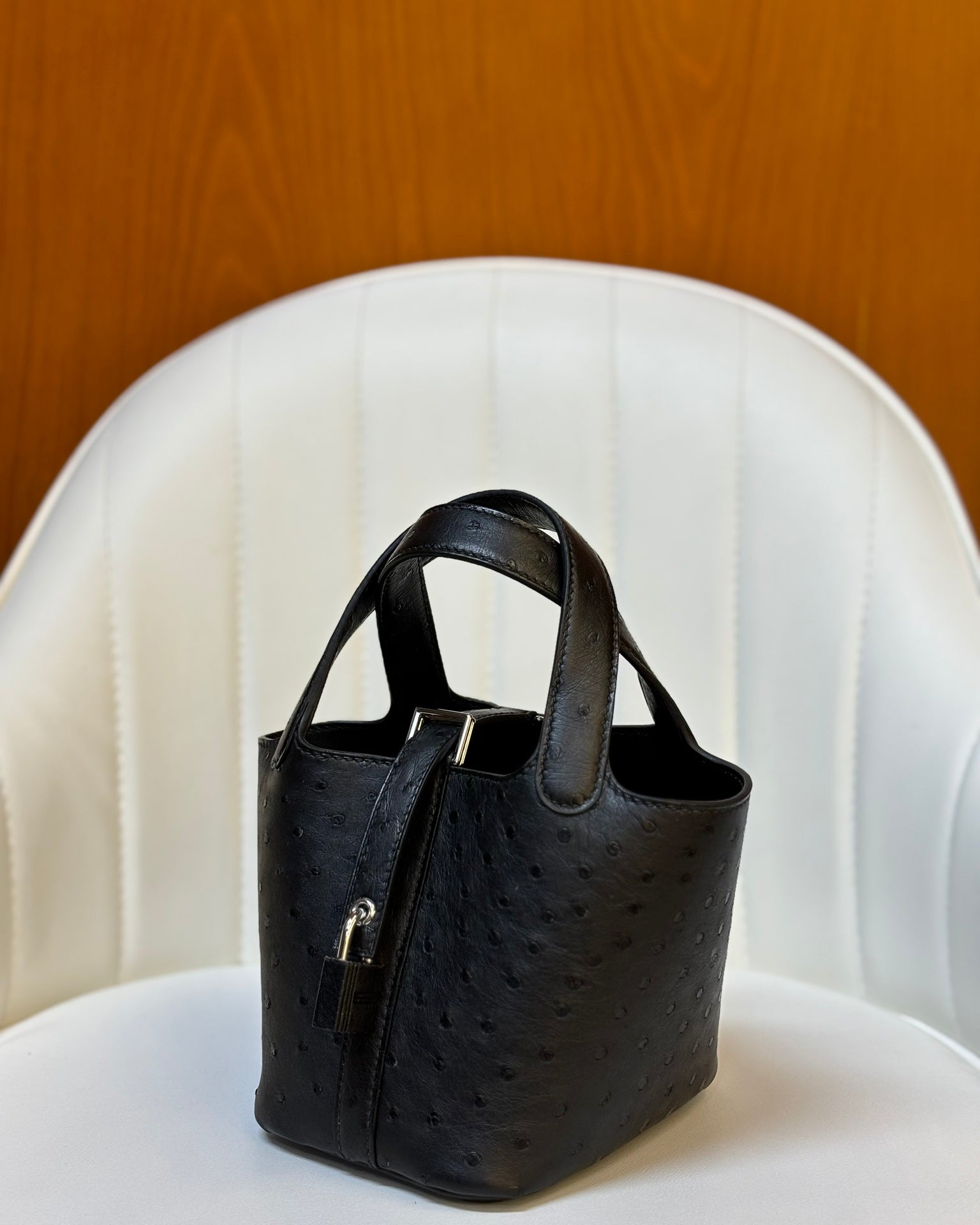 HM 25S PICOTIN LOCK 14 CM IN BLACK OSTRICH WITH SILVER HARDWARE