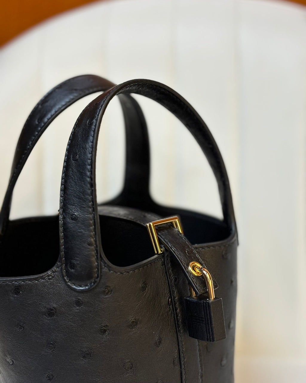 HM 25S PICOTIN LOCK 14 CM IN BLACK OSTRICH WITH GOLD HARDWARE