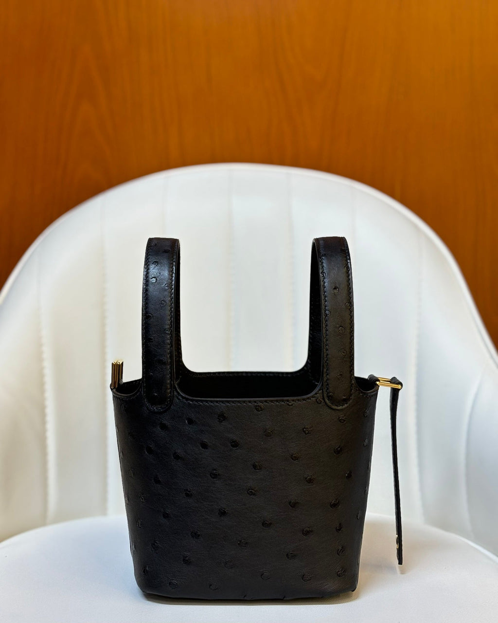 HM 25S PICOTIN LOCK 14 CM IN BLACK OSTRICH WITH GOLD HARDWARE