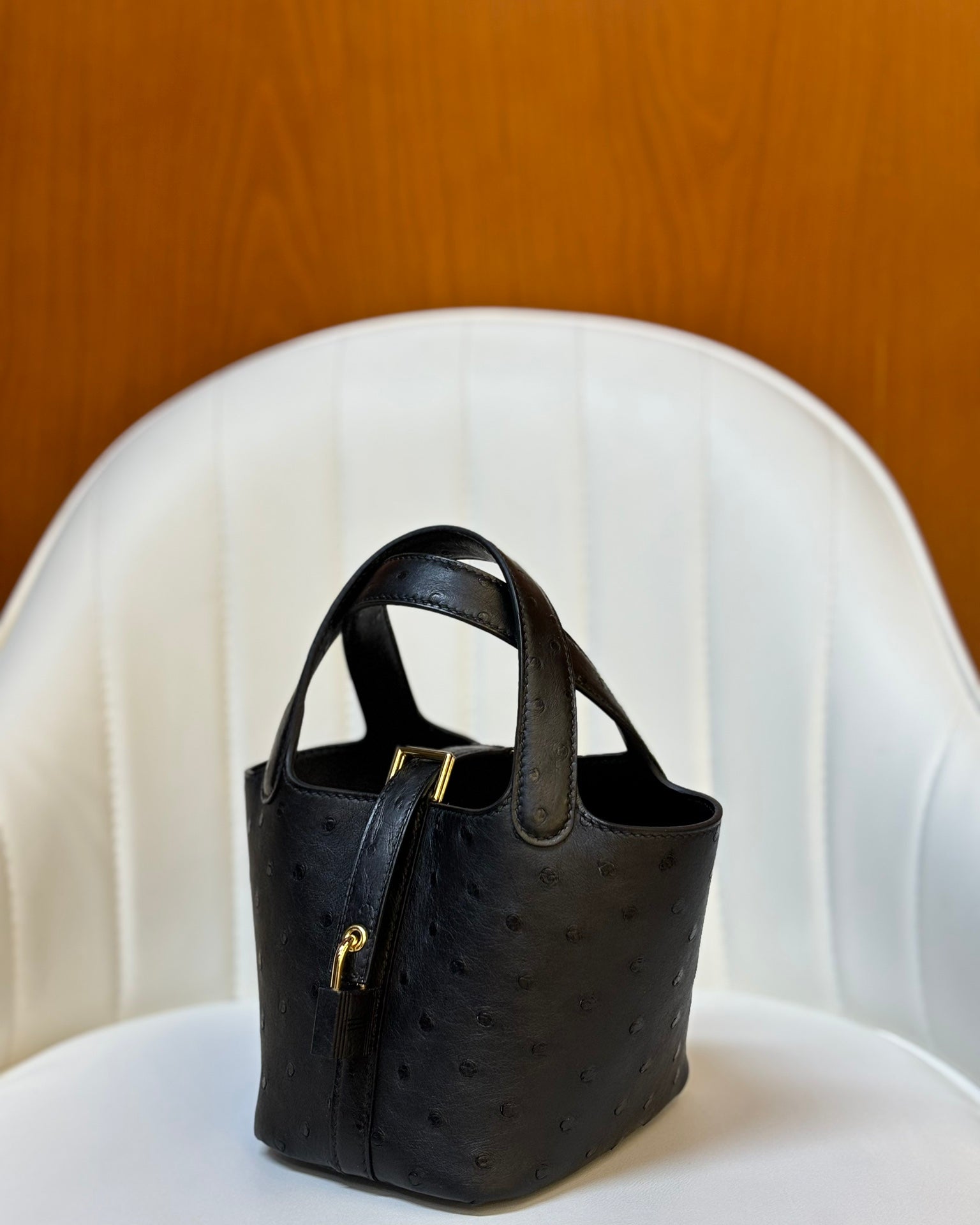 HM 25S PICOTIN LOCK 14 CM IN BLACK OSTRICH WITH GOLD HARDWARE