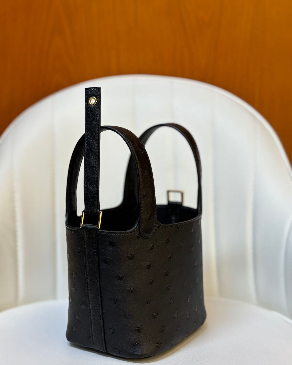 HM 25S PICOTIN LOCK 14 CM IN BLACK OSTRICH WITH GOLD HARDWARE