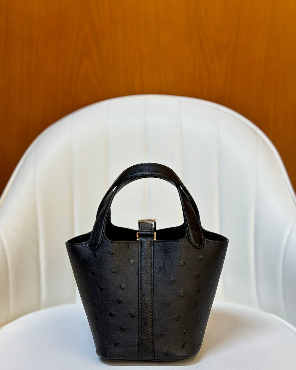 HM 25S PICOTIN LOCK 14 CM IN BLACK OSTRICH WITH GOLD HARDWARE