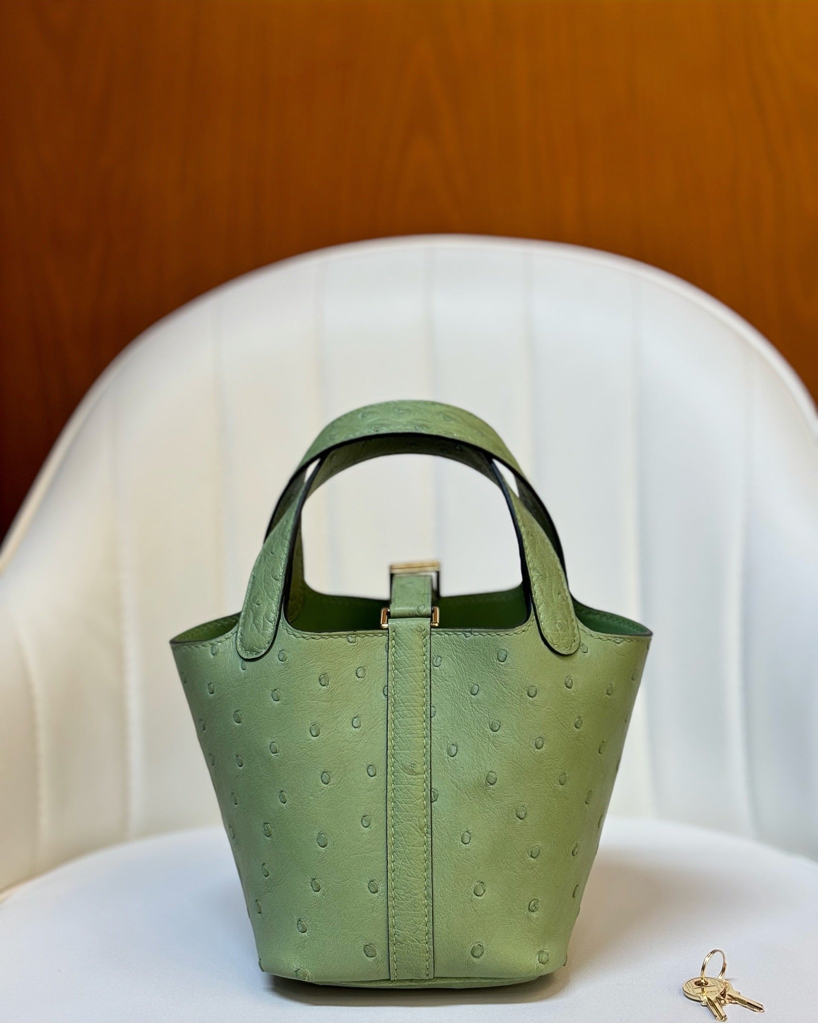 HM 25S PICOTIN LOCK 14 CM IN OLIVE GREEN OSTRICH WITH GOLD HARDWARE