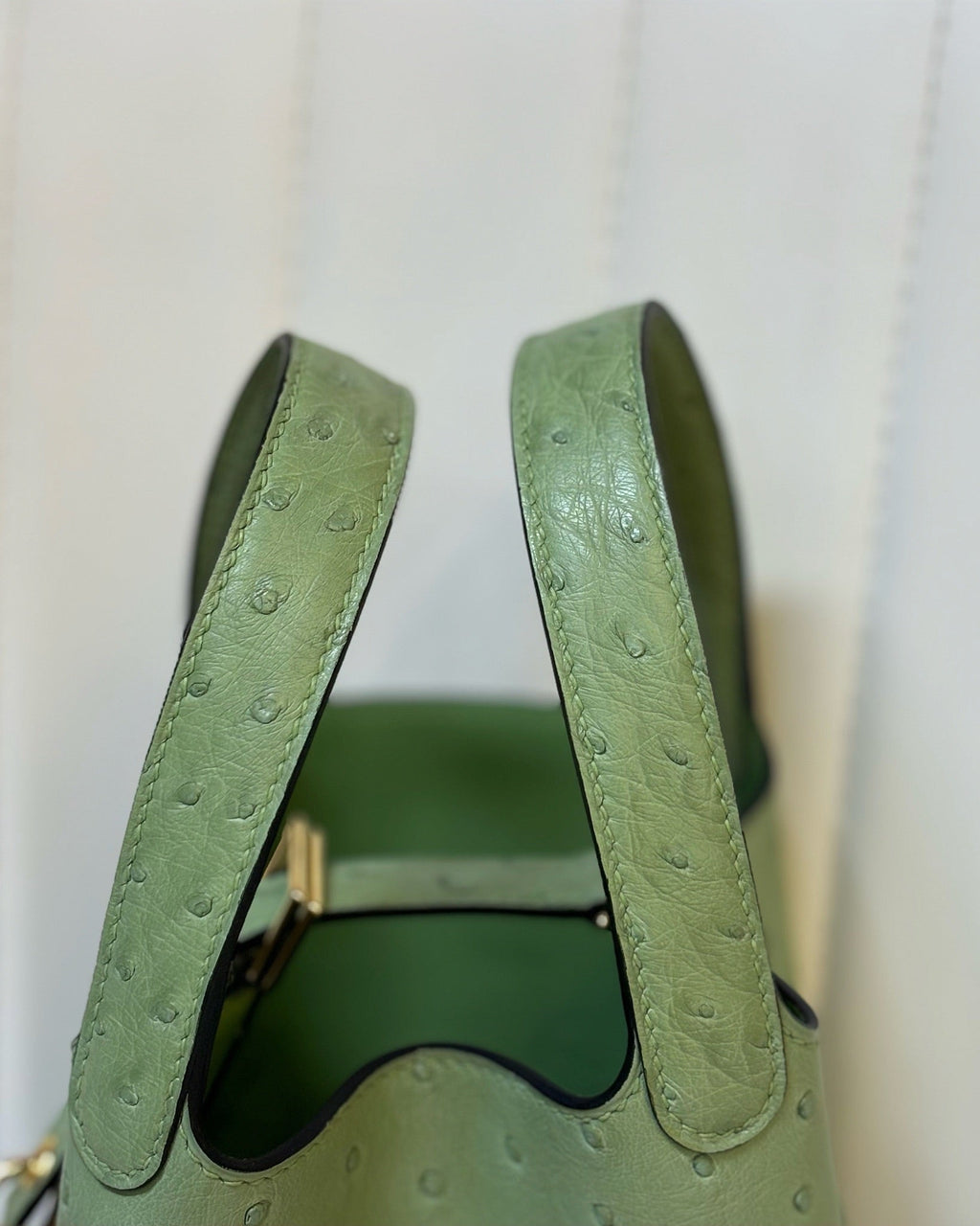 HM 25S PICOTIN LOCK 14 CM IN OLIVE GREEN OSTRICH WITH GOLD HARDWARE