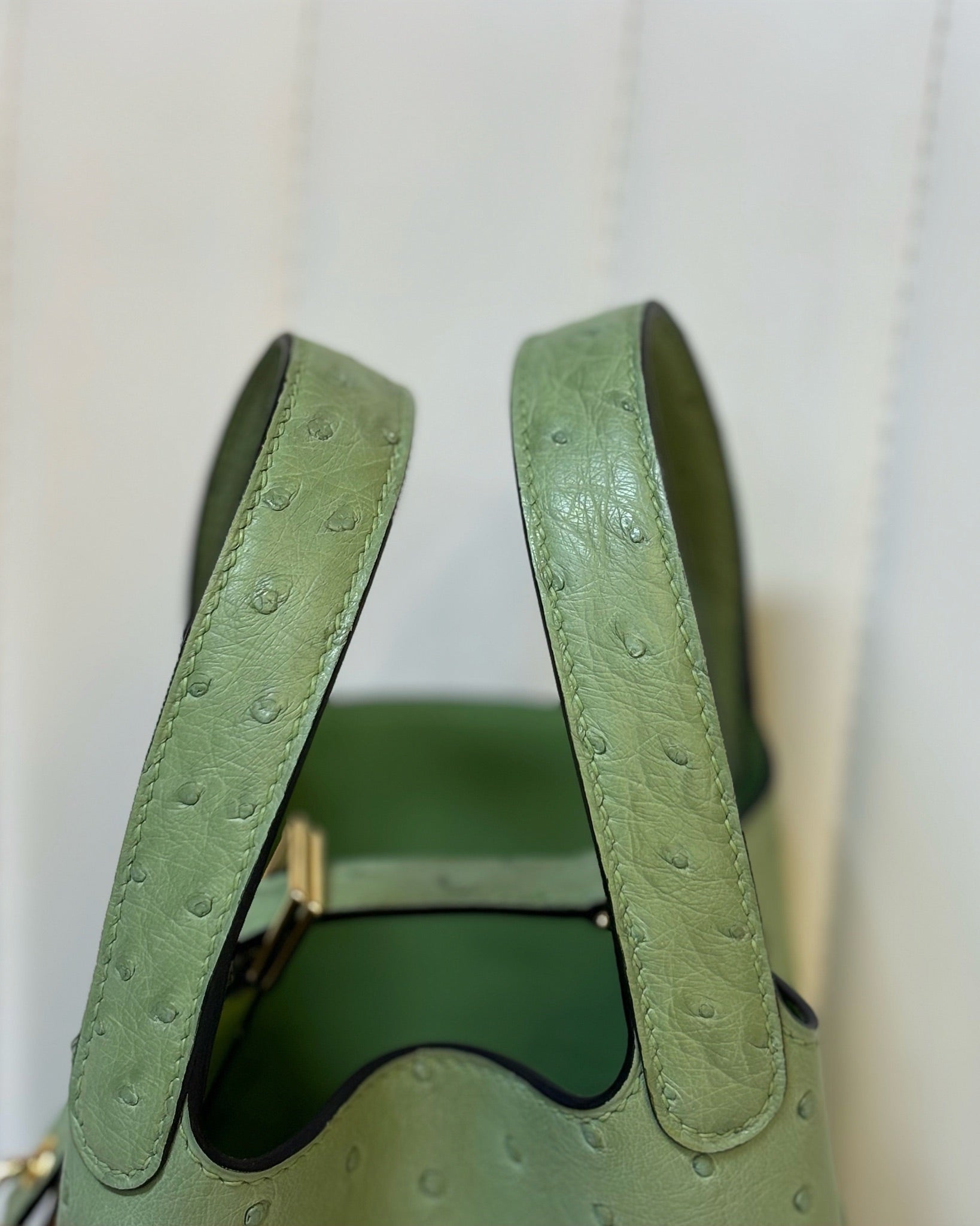 HM 25S PICOTIN LOCK 14 CM IN OLIVE GREEN OSTRICH WITH GOLD HARDWARE