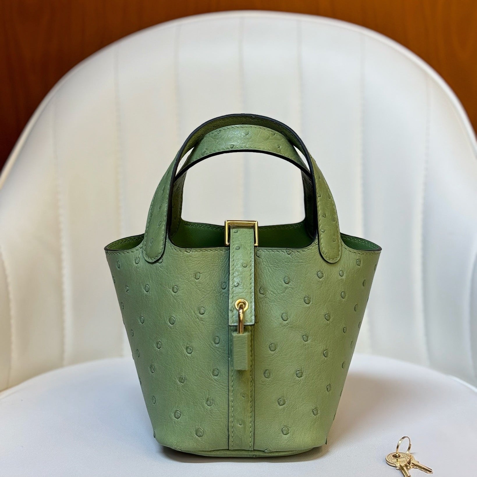 HM 25S PICOTIN LOCK 14 CM IN OLIVE GREEN OSTRICH WITH GOLD HARDWARE