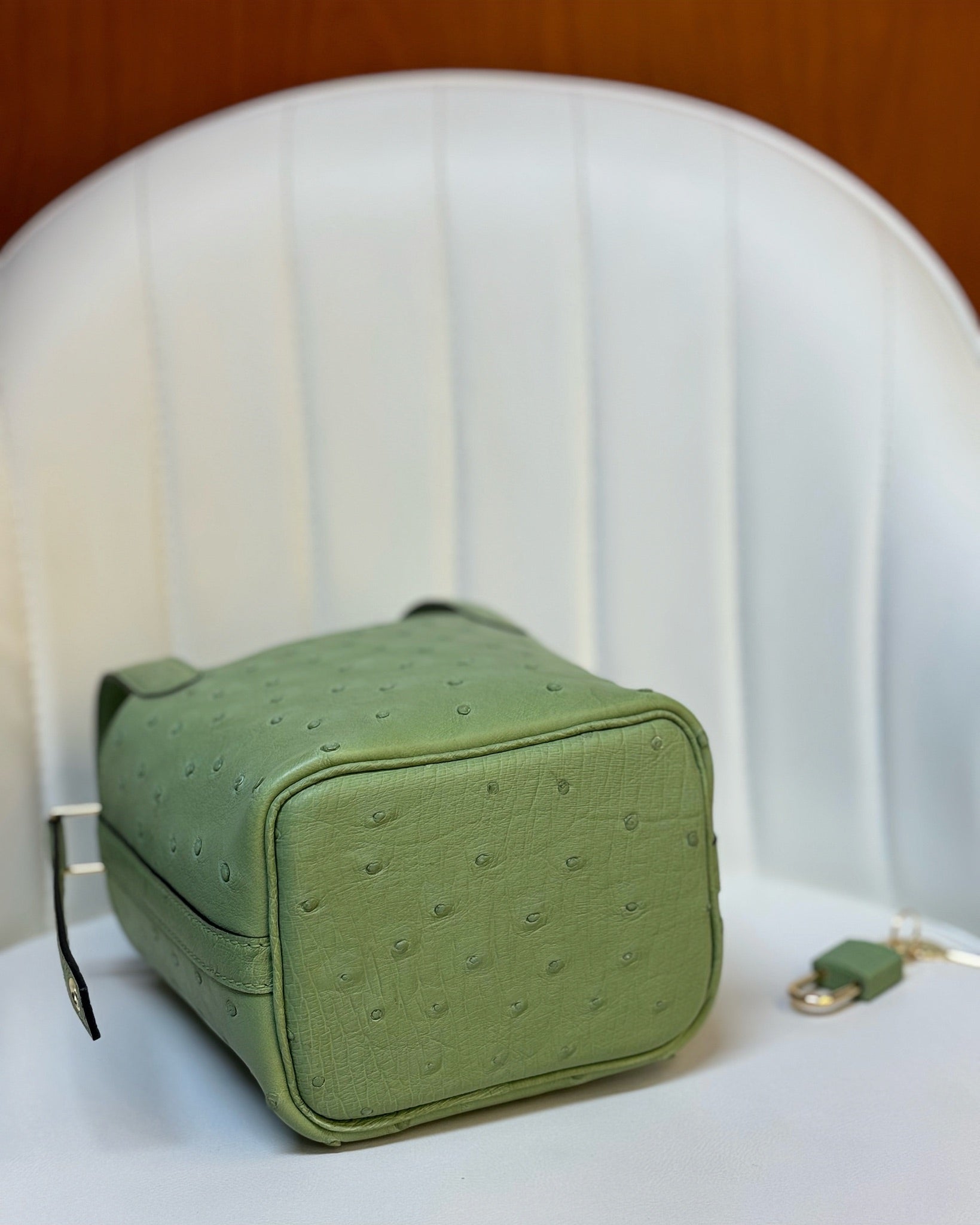 HM 25S PICOTIN LOCK 14 CM IN OLIVE GREEN OSTRICH WITH GOLD HARDWARE