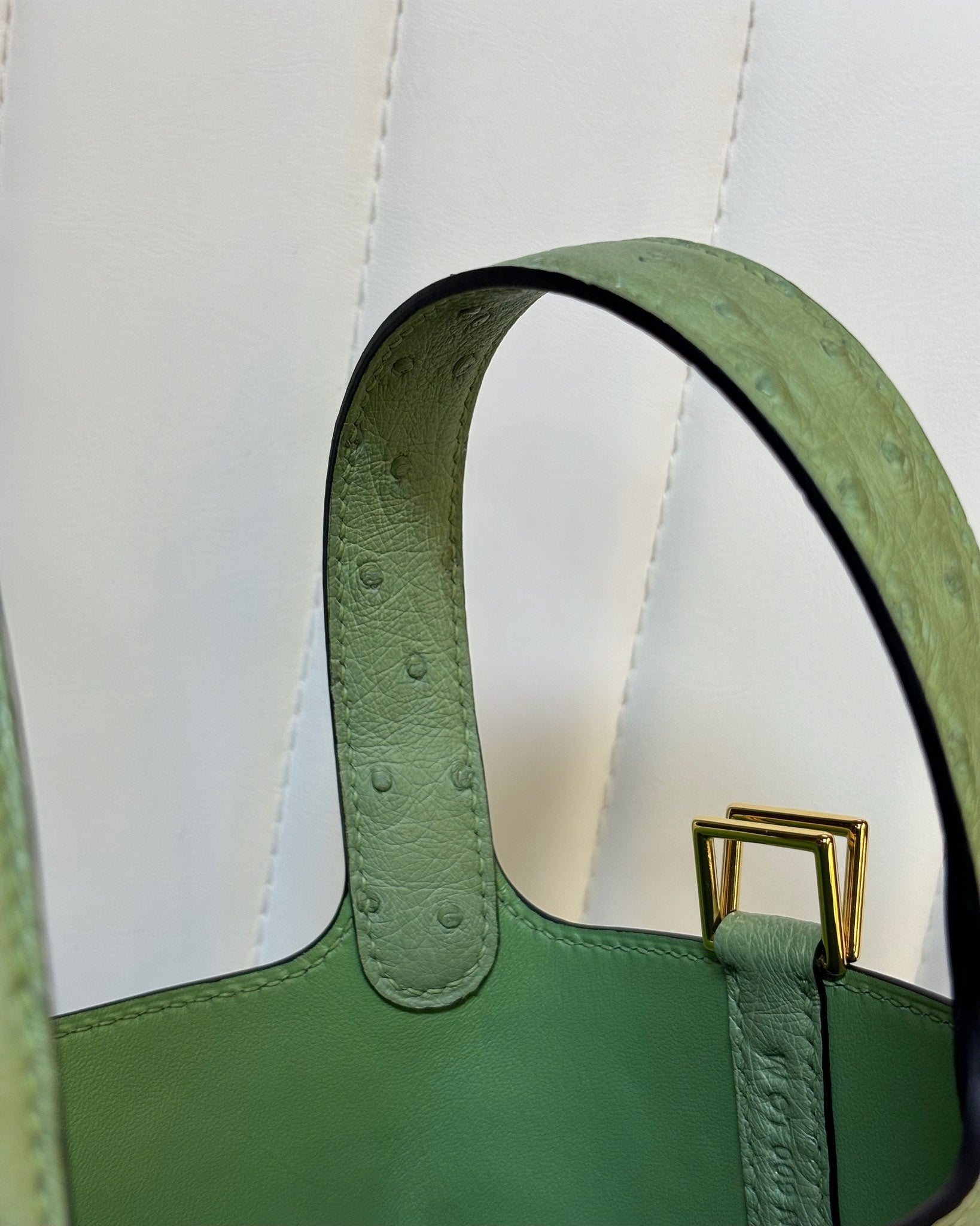 HM 25S PICOTIN LOCK 14 CM IN OLIVE GREEN OSTRICH WITH GOLD HARDWARE