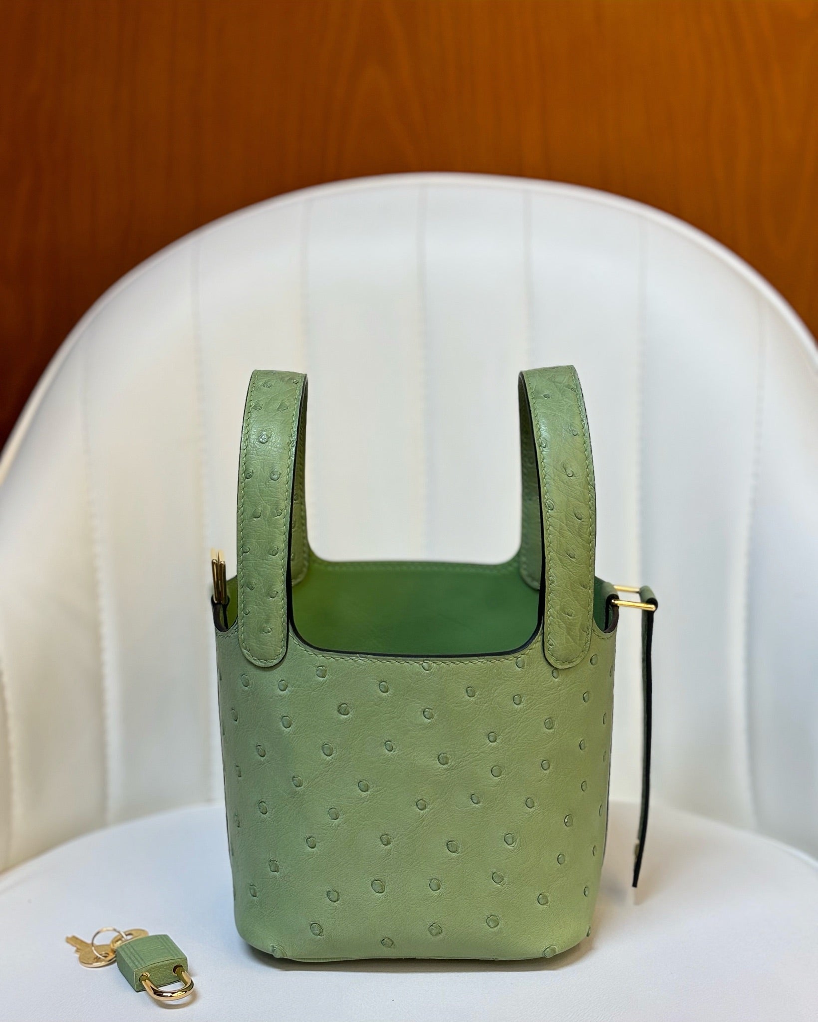 HM 25S PICOTIN LOCK 14 CM IN OLIVE GREEN OSTRICH WITH GOLD HARDWARE