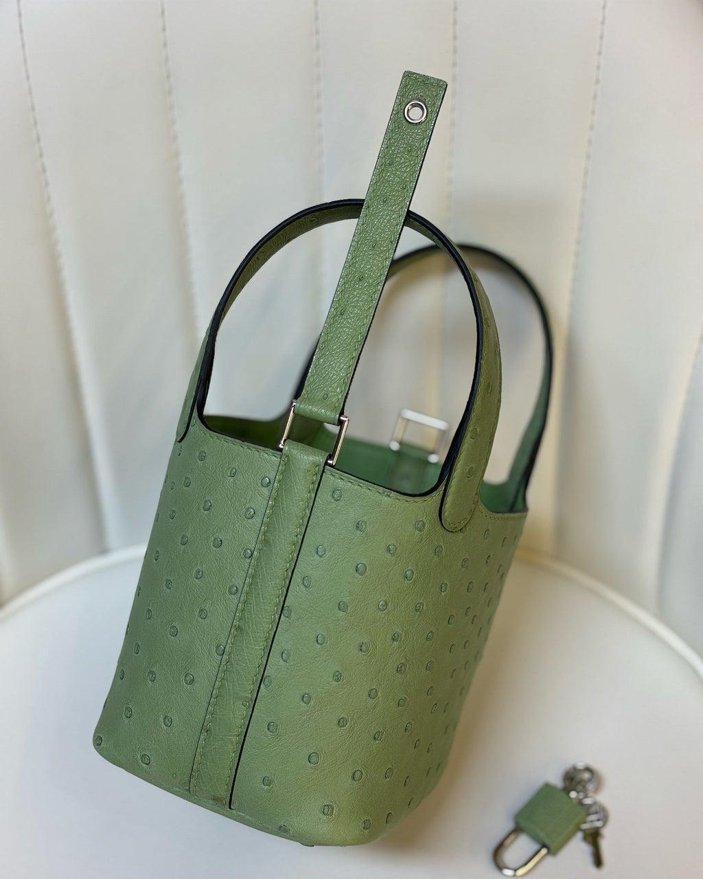 HM 25S PICOTIN LOCK 14 CM IN OLIVE GREEN OSTRICH WITH SILVER HARDWARE