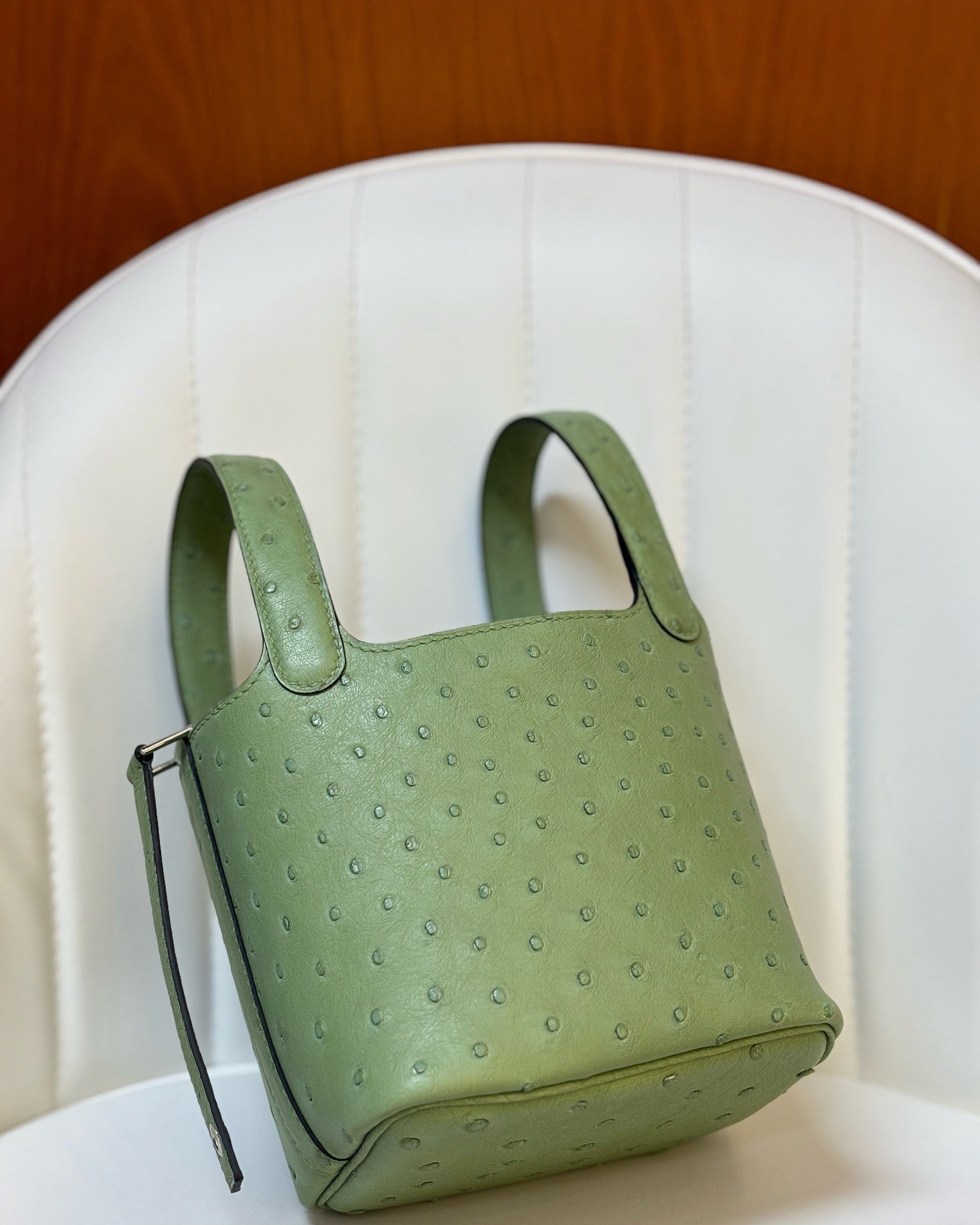 HM 25S PICOTIN LOCK 14 CM IN OLIVE GREEN OSTRICH WITH SILVER HARDWARE