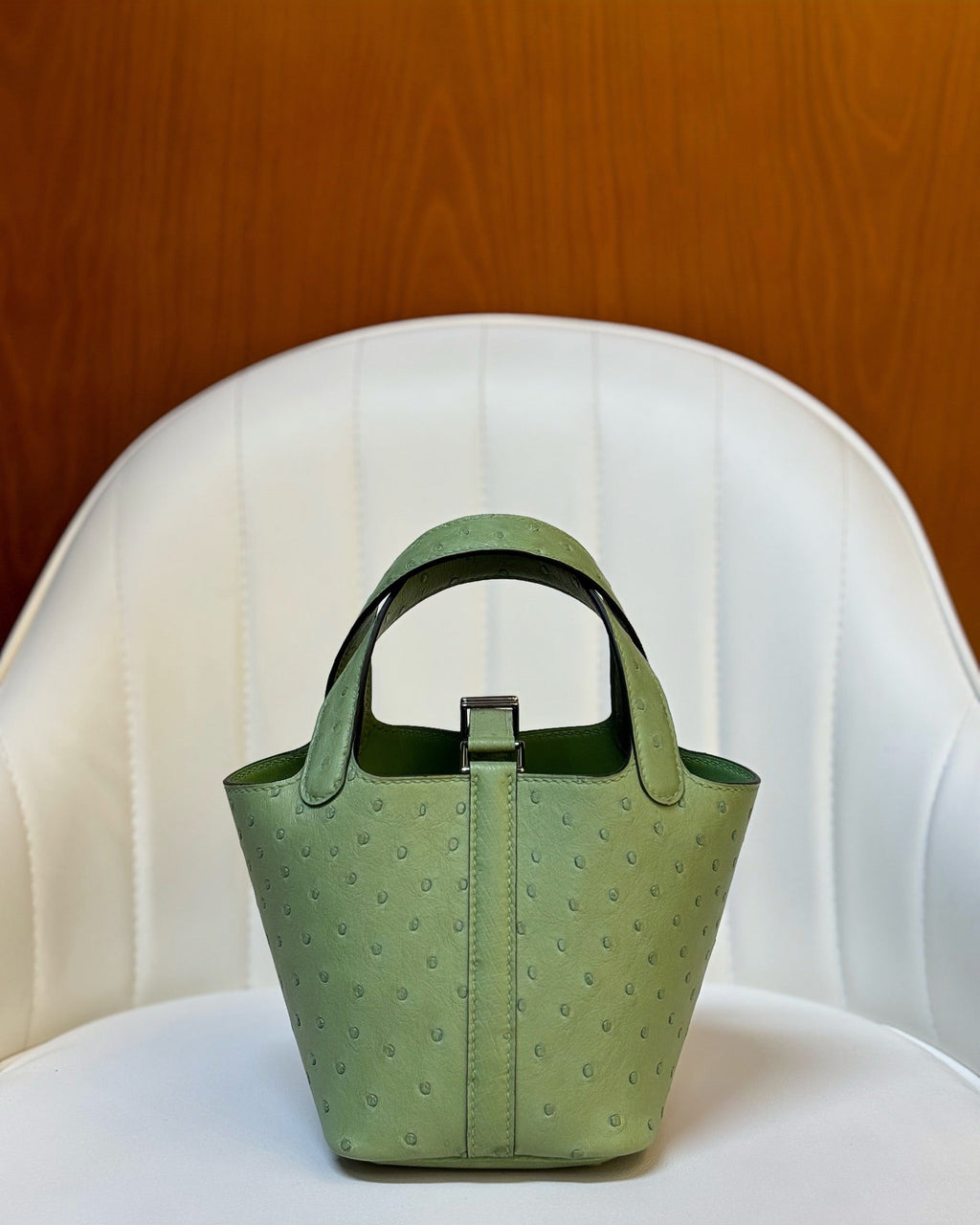 HM 25S PICOTIN LOCK 14 CM IN OLIVE GREEN OSTRICH WITH SILVER HARDWARE