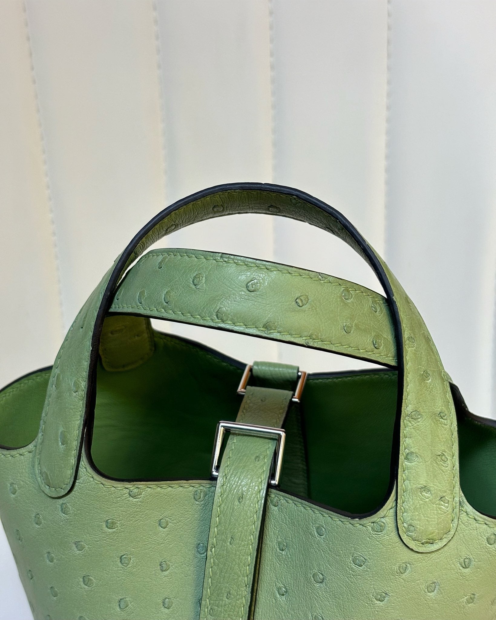 HM 25S PICOTIN LOCK 14 CM IN OLIVE GREEN OSTRICH WITH SILVER HARDWARE
