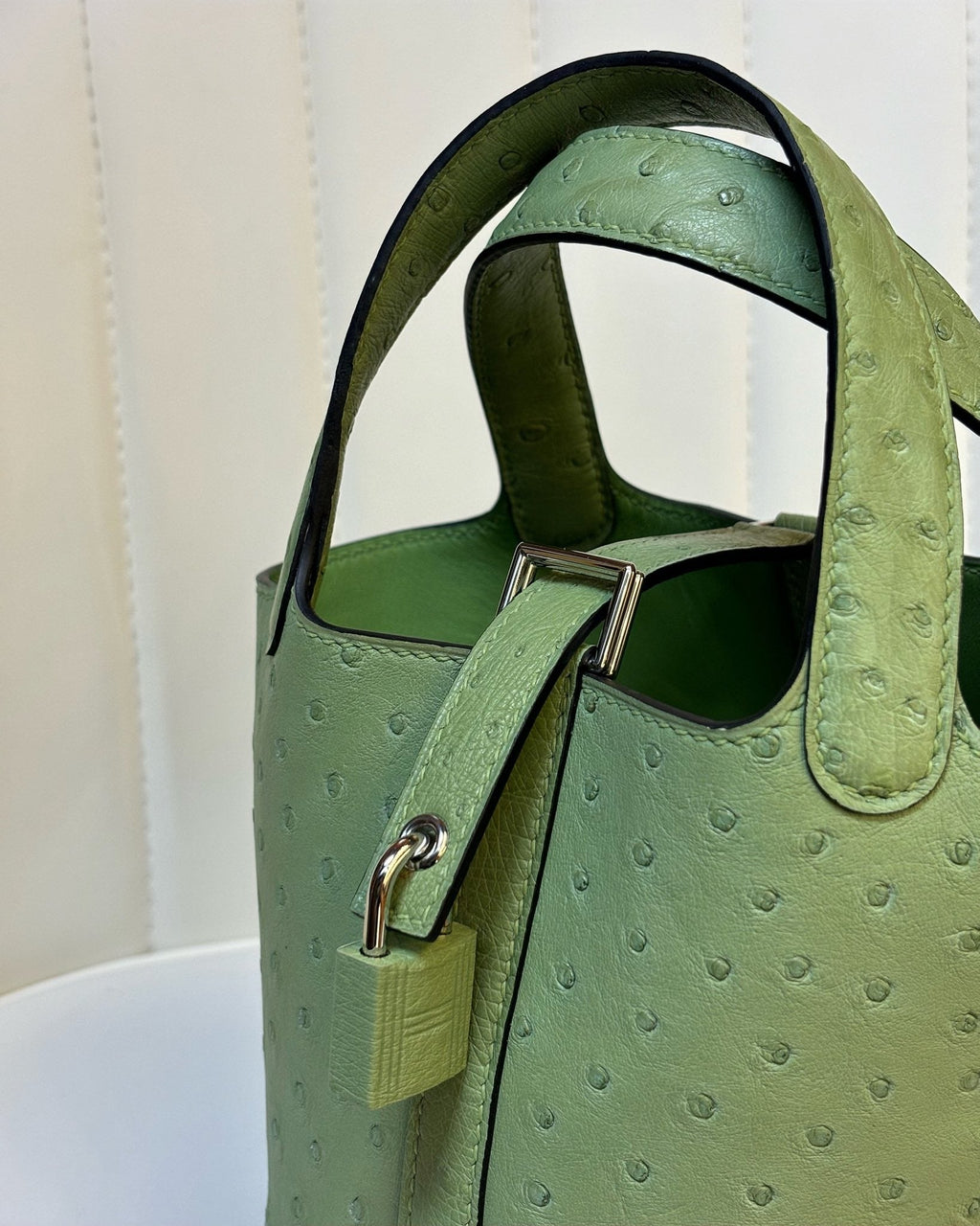 HM 25S PICOTIN LOCK 14 CM IN OLIVE GREEN OSTRICH WITH SILVER HARDWARE