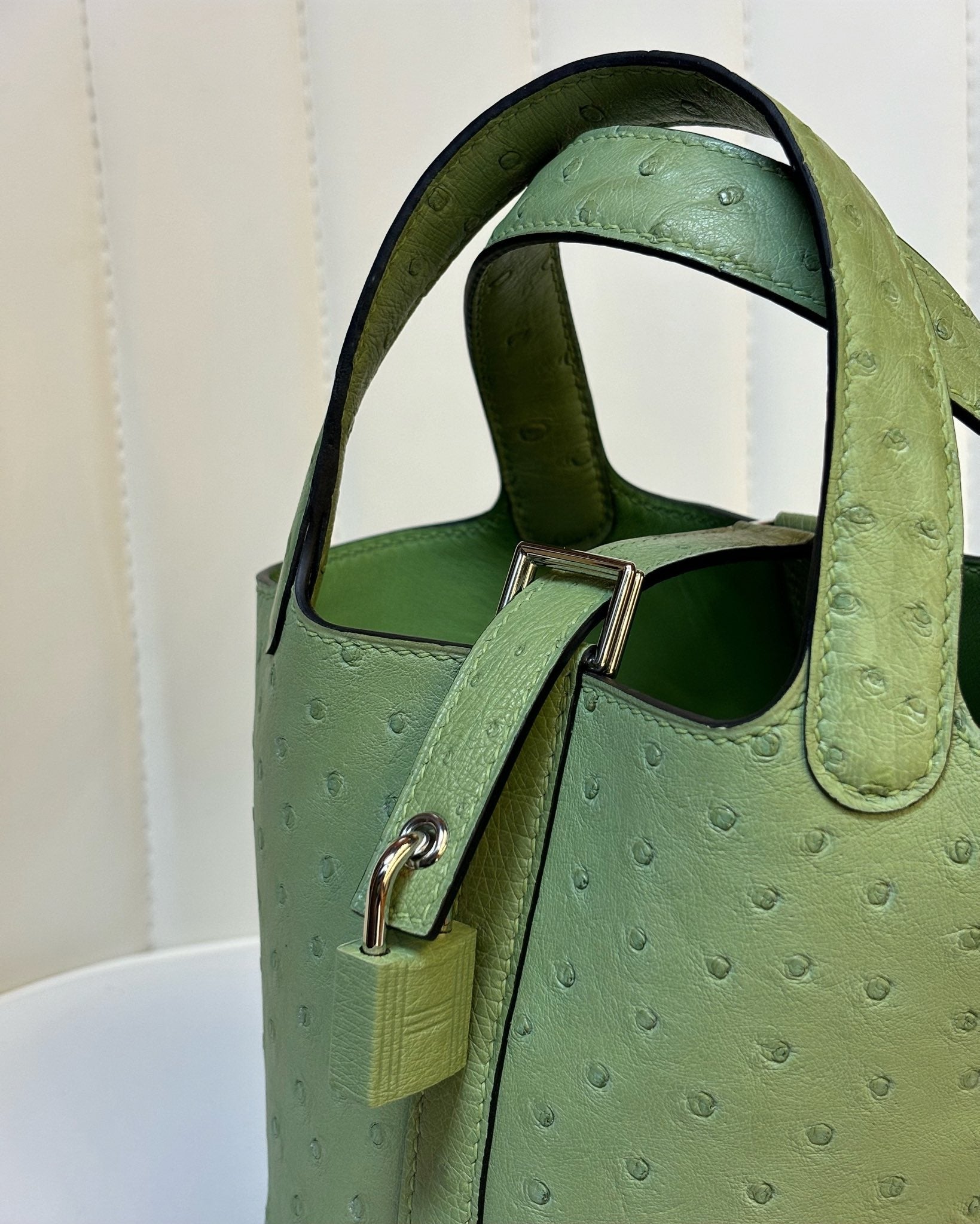 HM 25S PICOTIN LOCK 14 CM IN OLIVE GREEN OSTRICH WITH SILVER HARDWARE