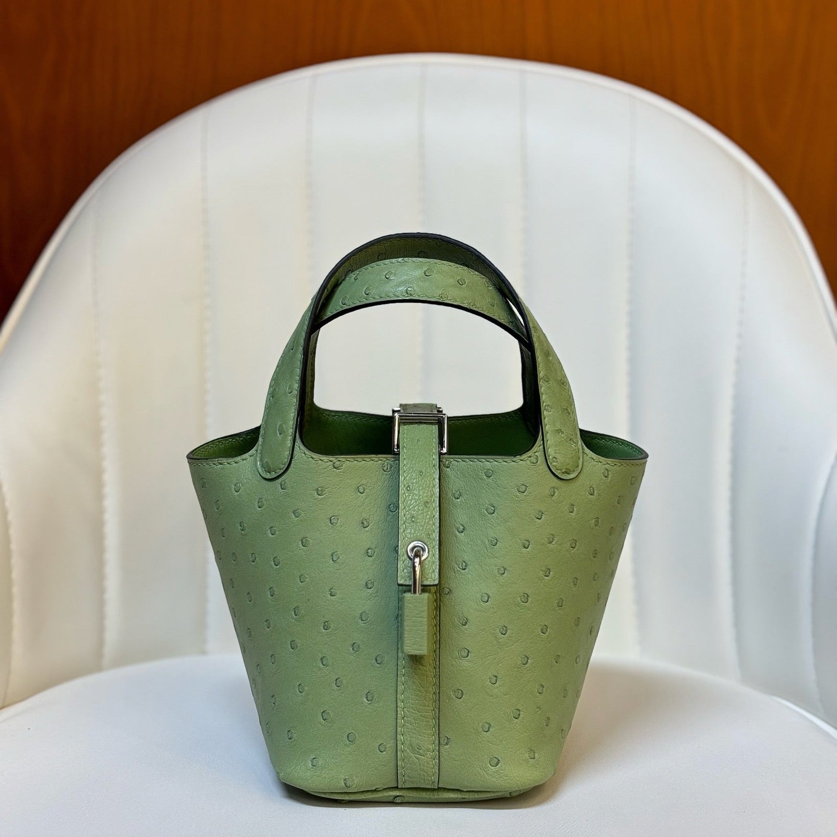 HM 25S PICOTIN LOCK 14 CM IN OLIVE GREEN OSTRICH WITH SILVER HARDWARE