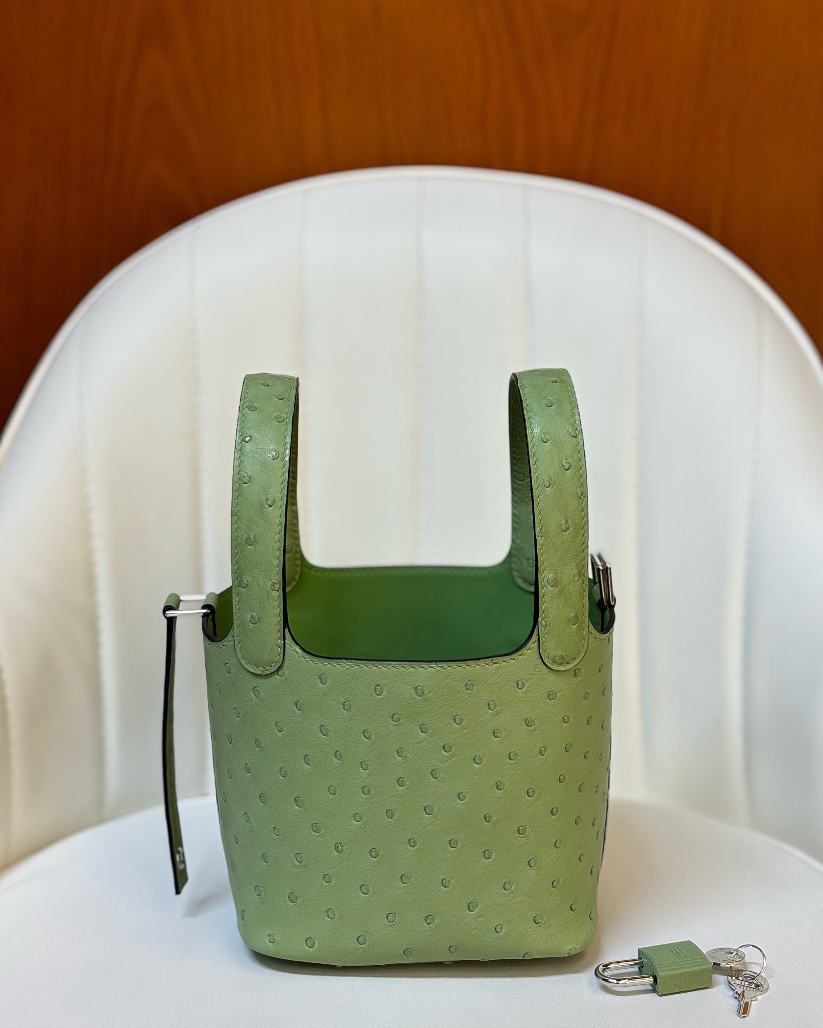 HM 25S PICOTIN LOCK 14 CM IN OLIVE GREEN OSTRICH WITH SILVER HARDWARE
