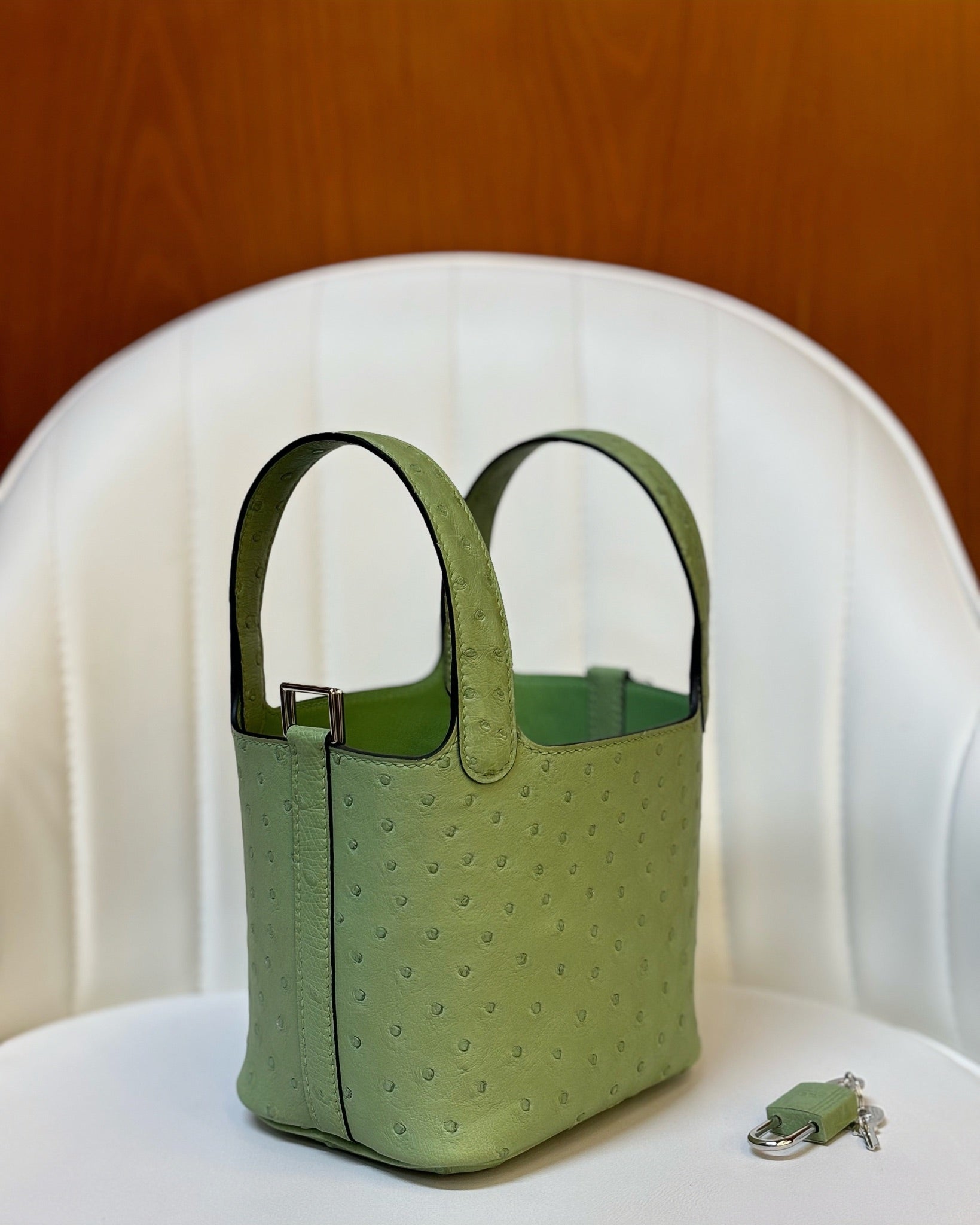 HM 25S PICOTIN LOCK 14 CM IN OLIVE GREEN OSTRICH WITH SILVER HARDWARE