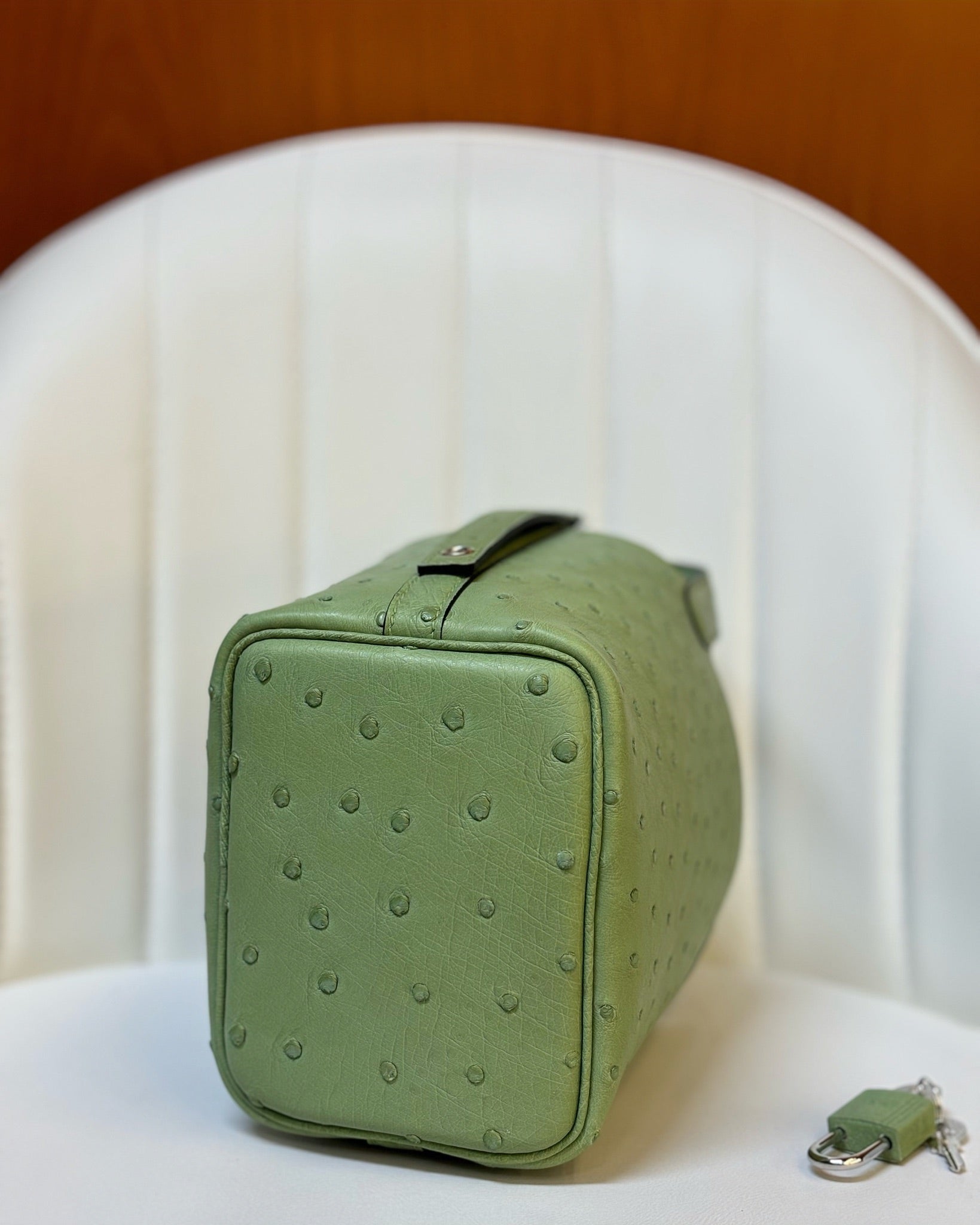HM 25S PICOTIN LOCK 14 CM IN OLIVE GREEN OSTRICH WITH SILVER HARDWARE