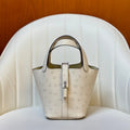 HM 25S PICOTIN LOCK 14 CM IN CREAM WHITE OSTRICH WITH SILVER HARDWARE