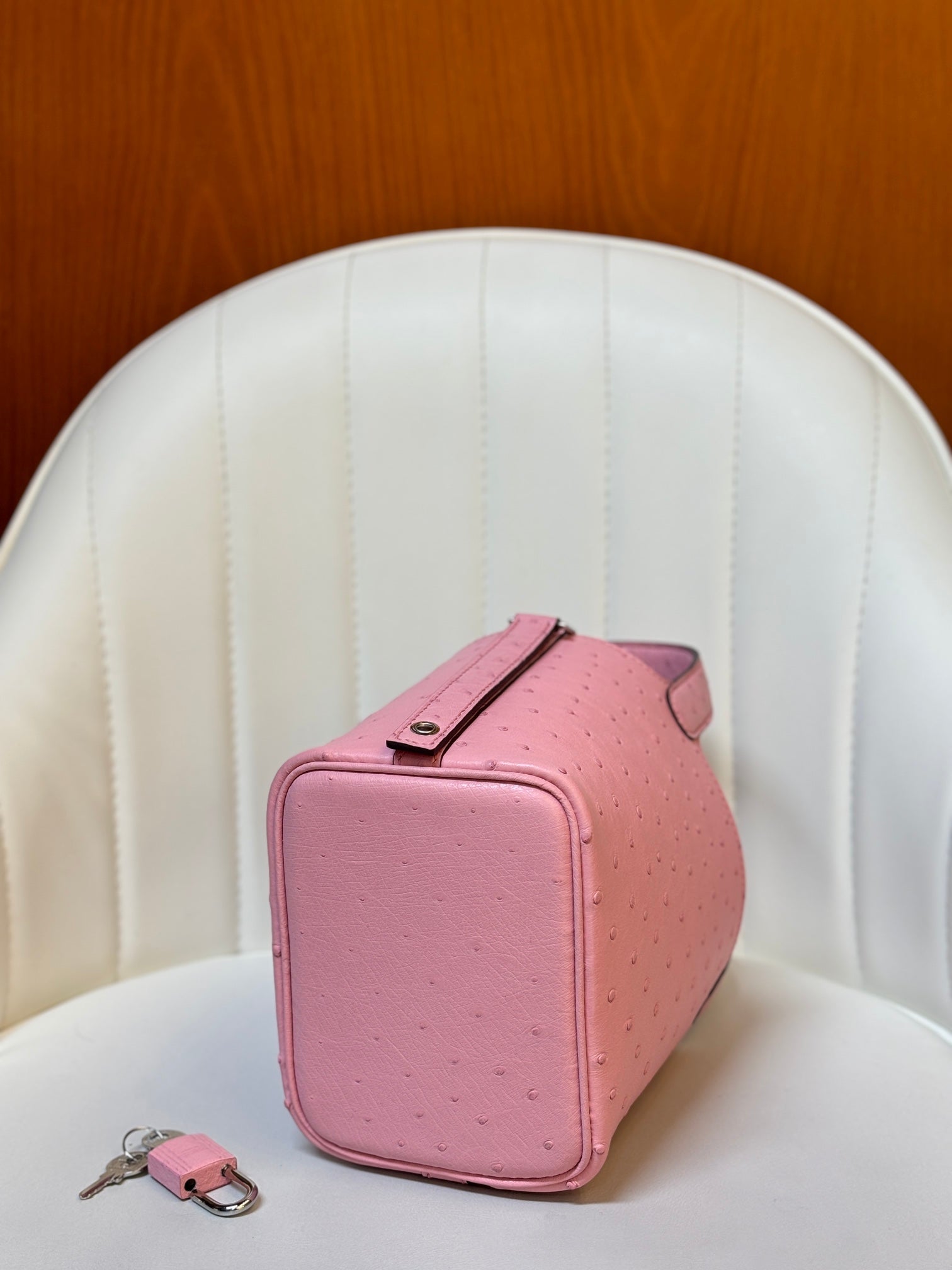 HM 25S PICOTIN LOCK 14 CM IN PINK OSTRICH WITH SILVER HARDWARE