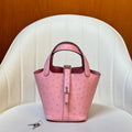 HM 25S PICOTIN LOCK 14 CM IN PINK OSTRICH WITH SILVER HARDWARE