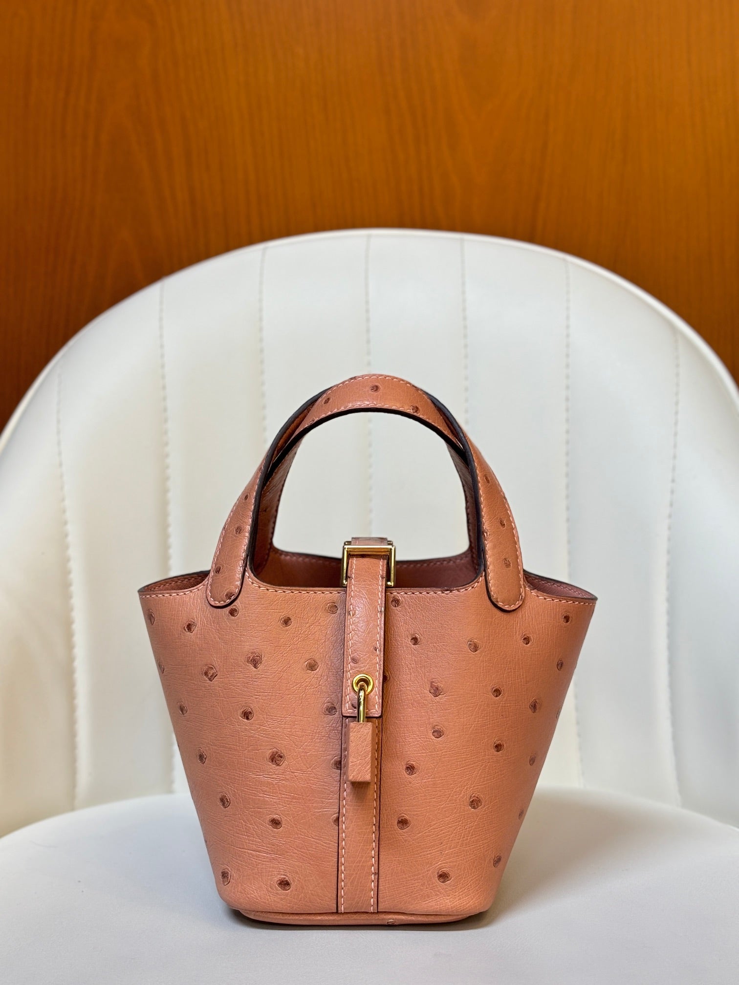 HM 25S PICOTIN LOCK 14 CM IN LIGHT CLAY ORANGE OSTRICH WITH GOLD HARDWARE