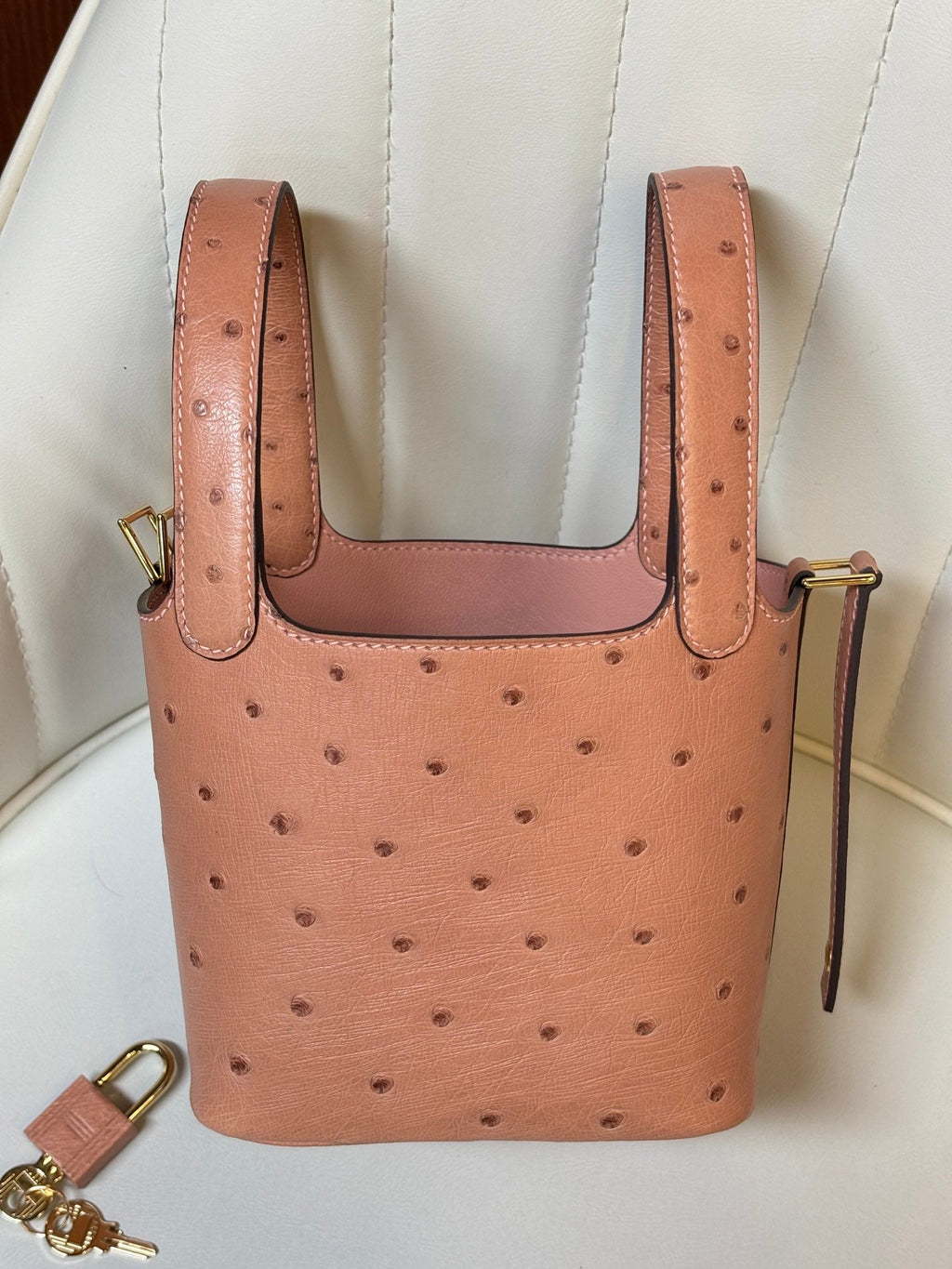 HM 25S PICOTIN LOCK 14 CM IN LIGHT CLAY ORANGE OSTRICH WITH GOLD HARDWARE