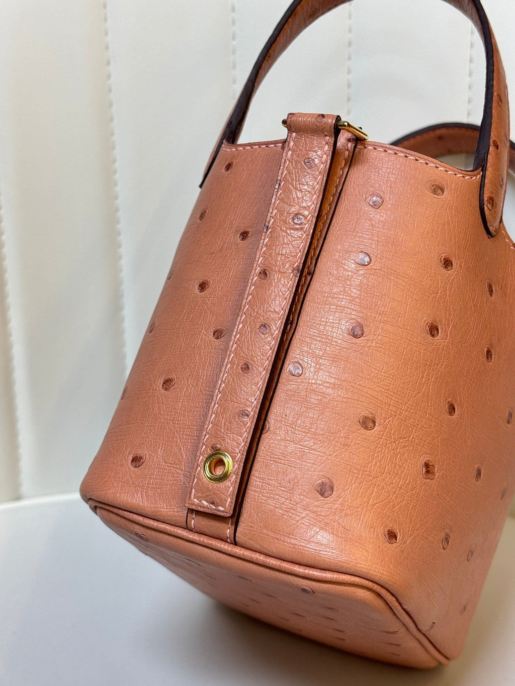 HM 25S PICOTIN LOCK 14 CM IN LIGHT CLAY ORANGE OSTRICH WITH GOLD HARDWARE
