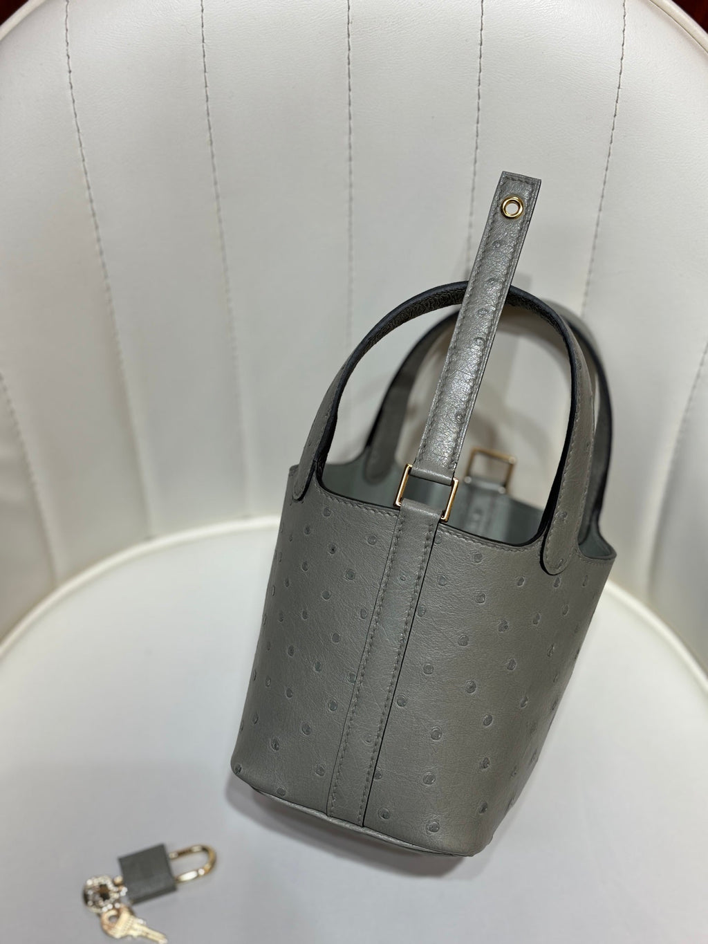 HM 25S PICOTIN LOCK 14 CM IN GREY OSTRICH WITH GOLD HARDWARE