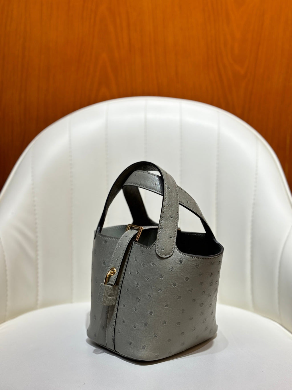 HM 25S PICOTIN LOCK 14 CM IN GREY OSTRICH WITH GOLD HARDWARE