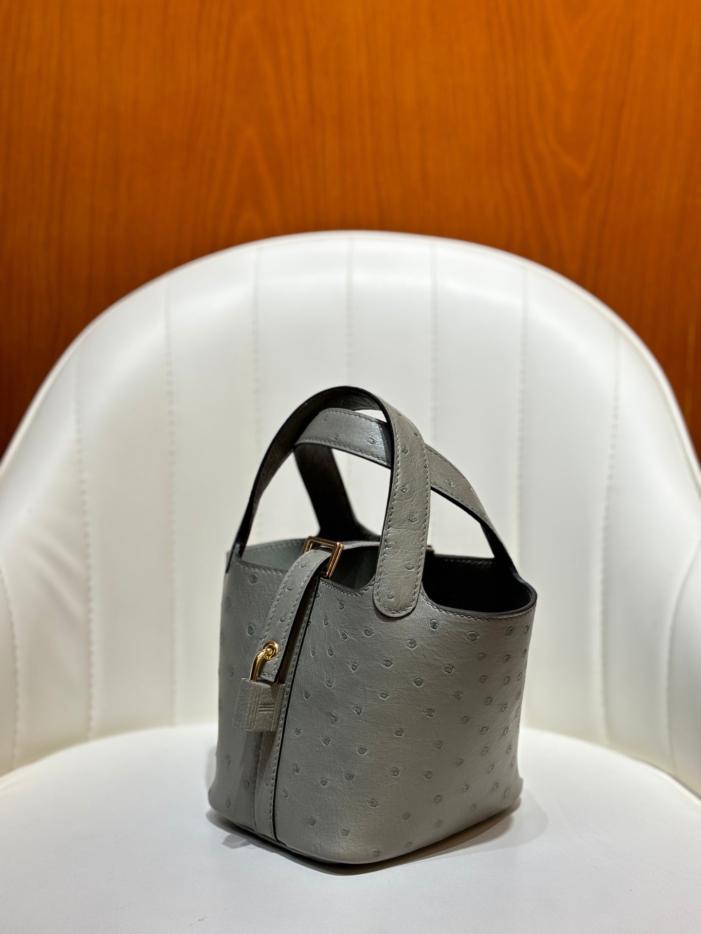 HM 25S PICOTIN LOCK 14 CM IN GREY OSTRICH WITH GOLD HARDWARE