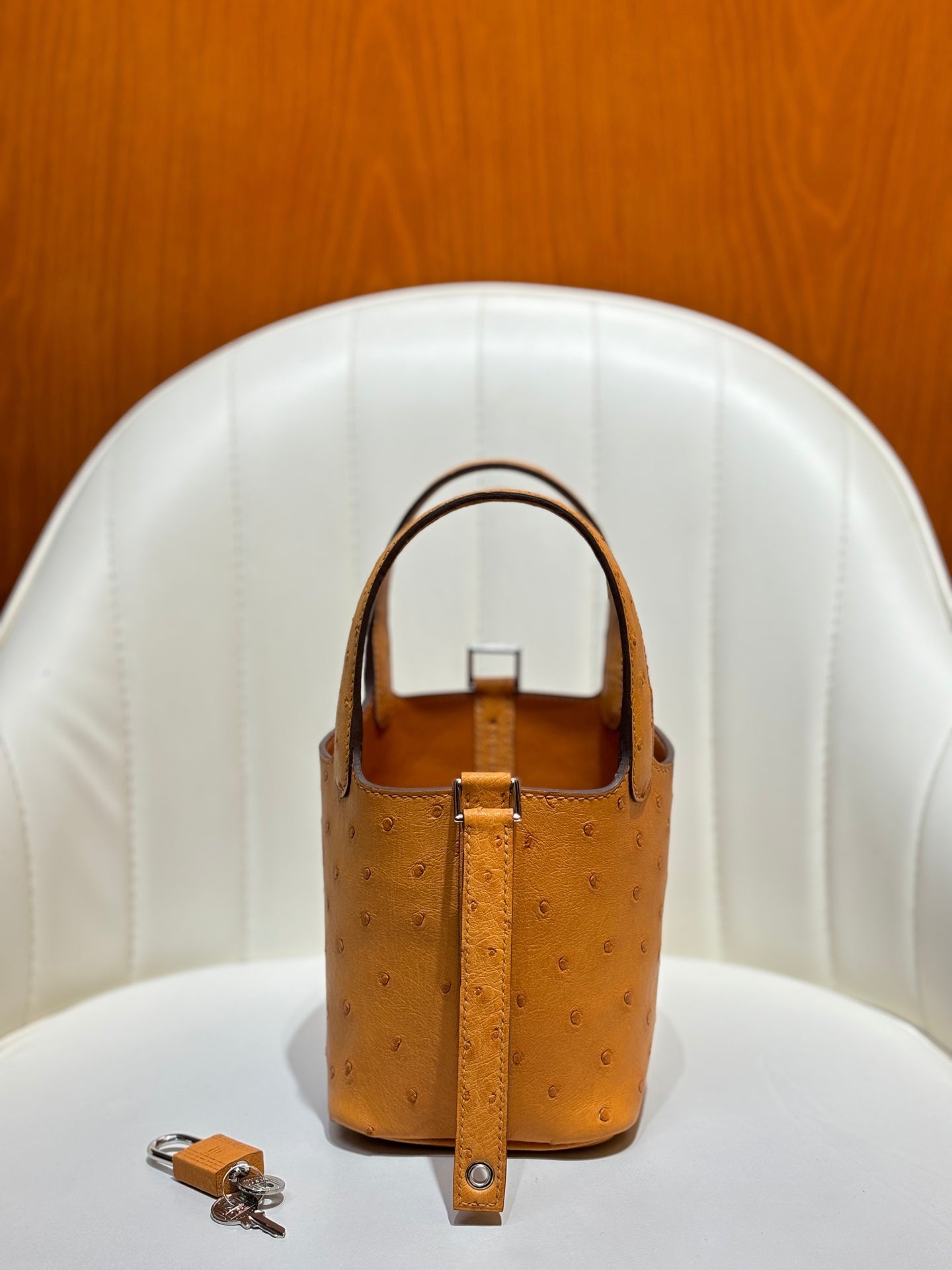 HM 25S PICOTIN LOCK 14 CM IN BURNT ORANGE OSTRICH WITH SILVER HARDWARE